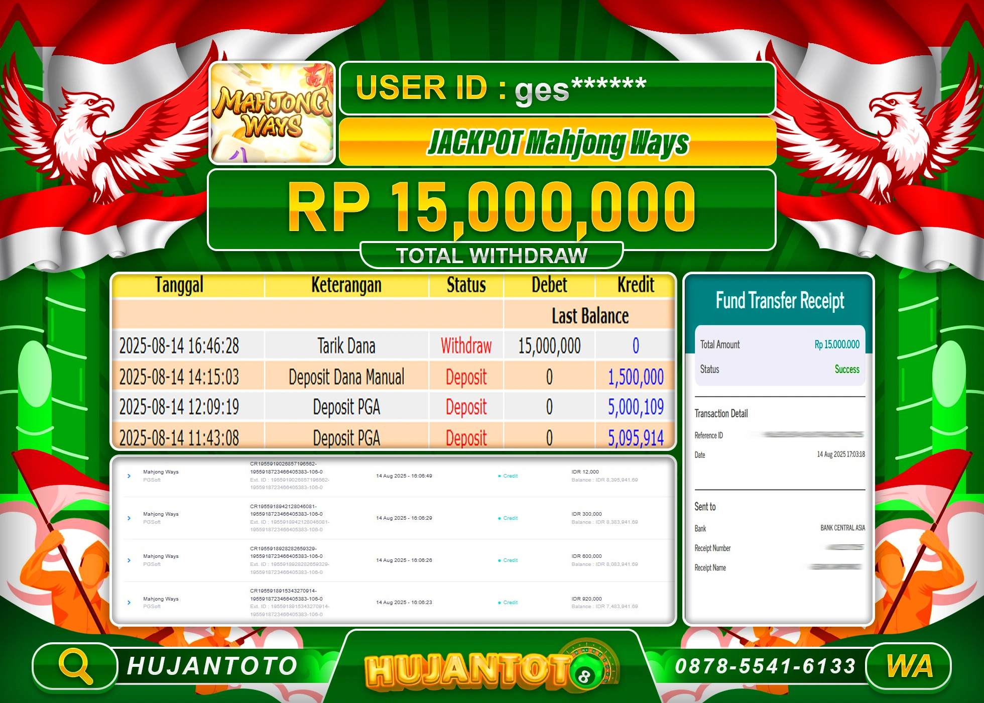 HUJANTOTO - BUKTI JACKPOT MENANG SLOT MAHJONG WAYS Rp.15,000,000 - TERBAYAR LUNAS