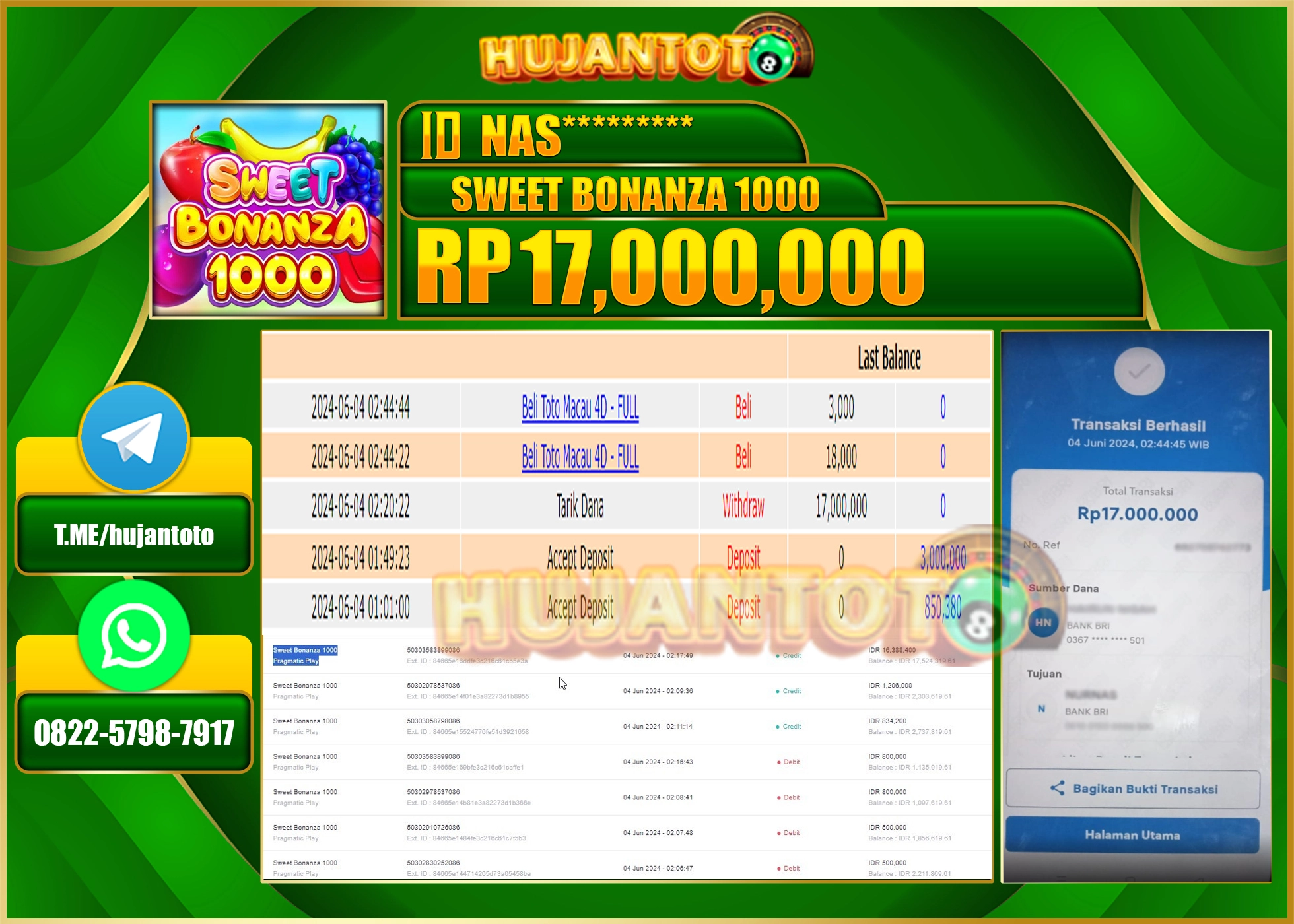 HUJANTOTO MENANG SLOT SWEET BONANZA 1000 17.000.000 - LUNAS 