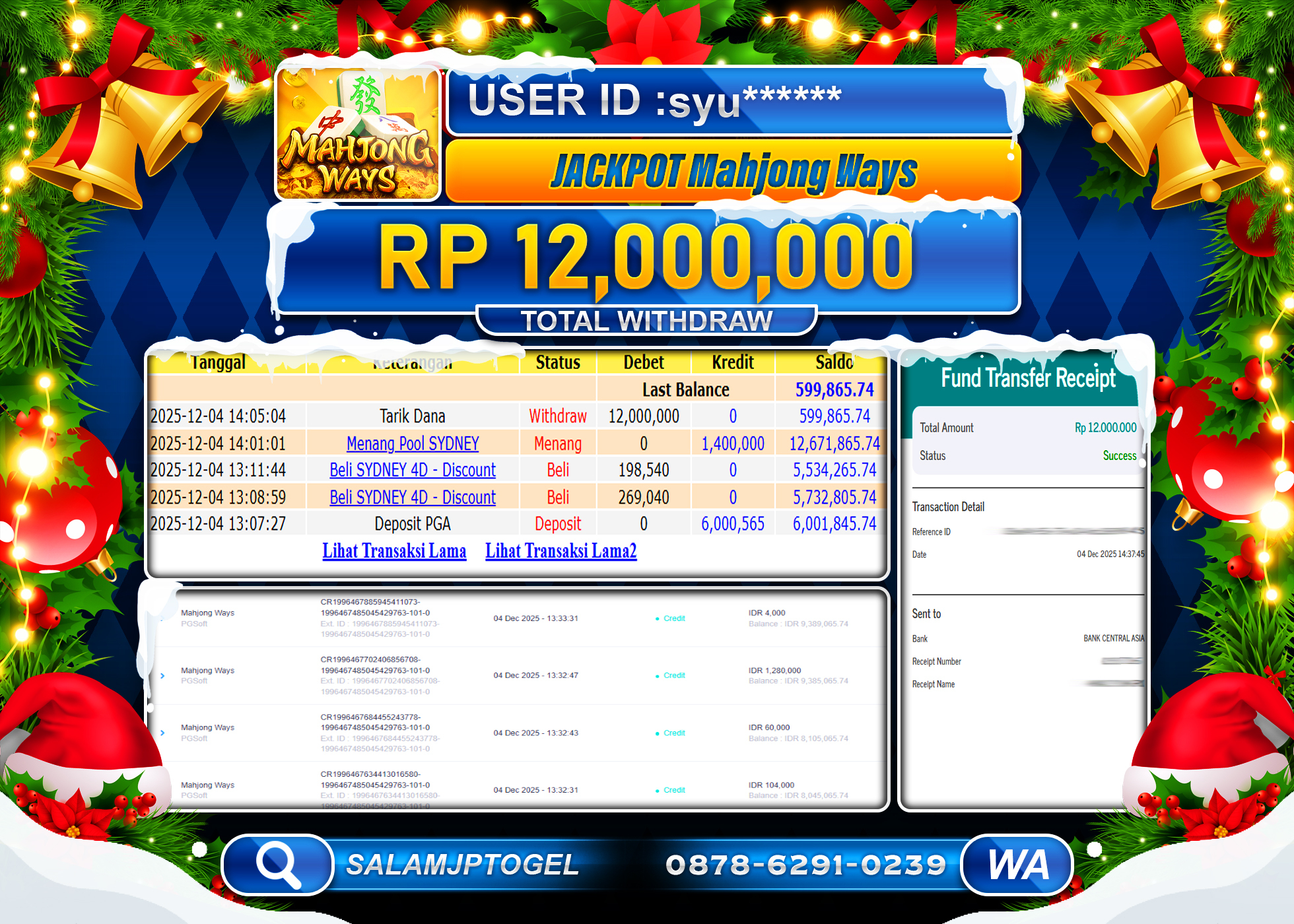 SALAMJPTOGEL JACKPOT MAHJONG WAYS ( PG SOFT )Rp.12,000,000 - LUNAS