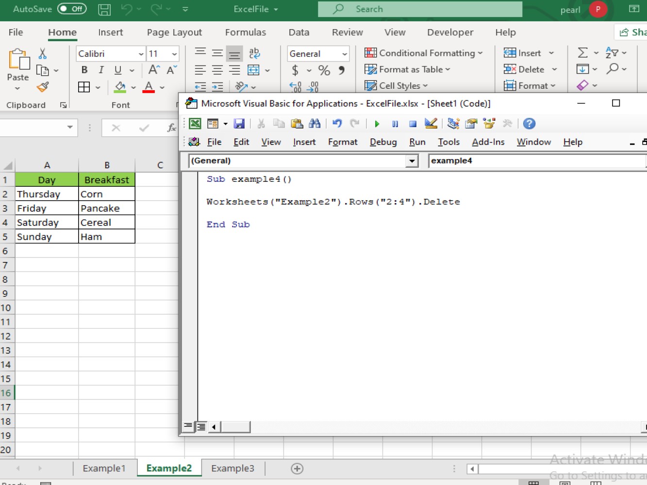 Screenshot of the code and the result for deleting multiple rows on a certain worksheet