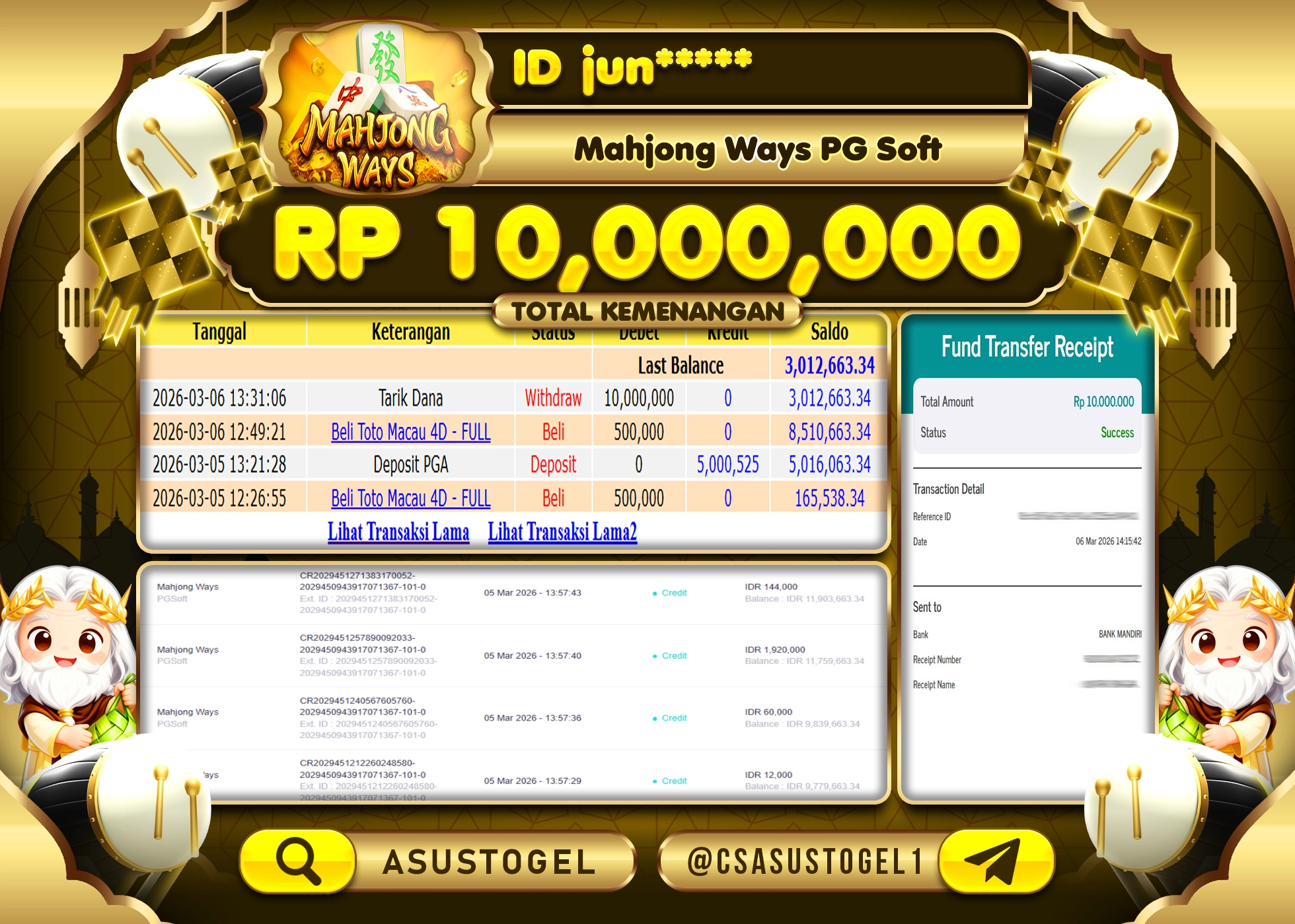 ASUSTOGEL KEMENANGAN DI SLOT MAHJONG WAYS SEBESAR 10,000,000 - RUPIAH LUNAS