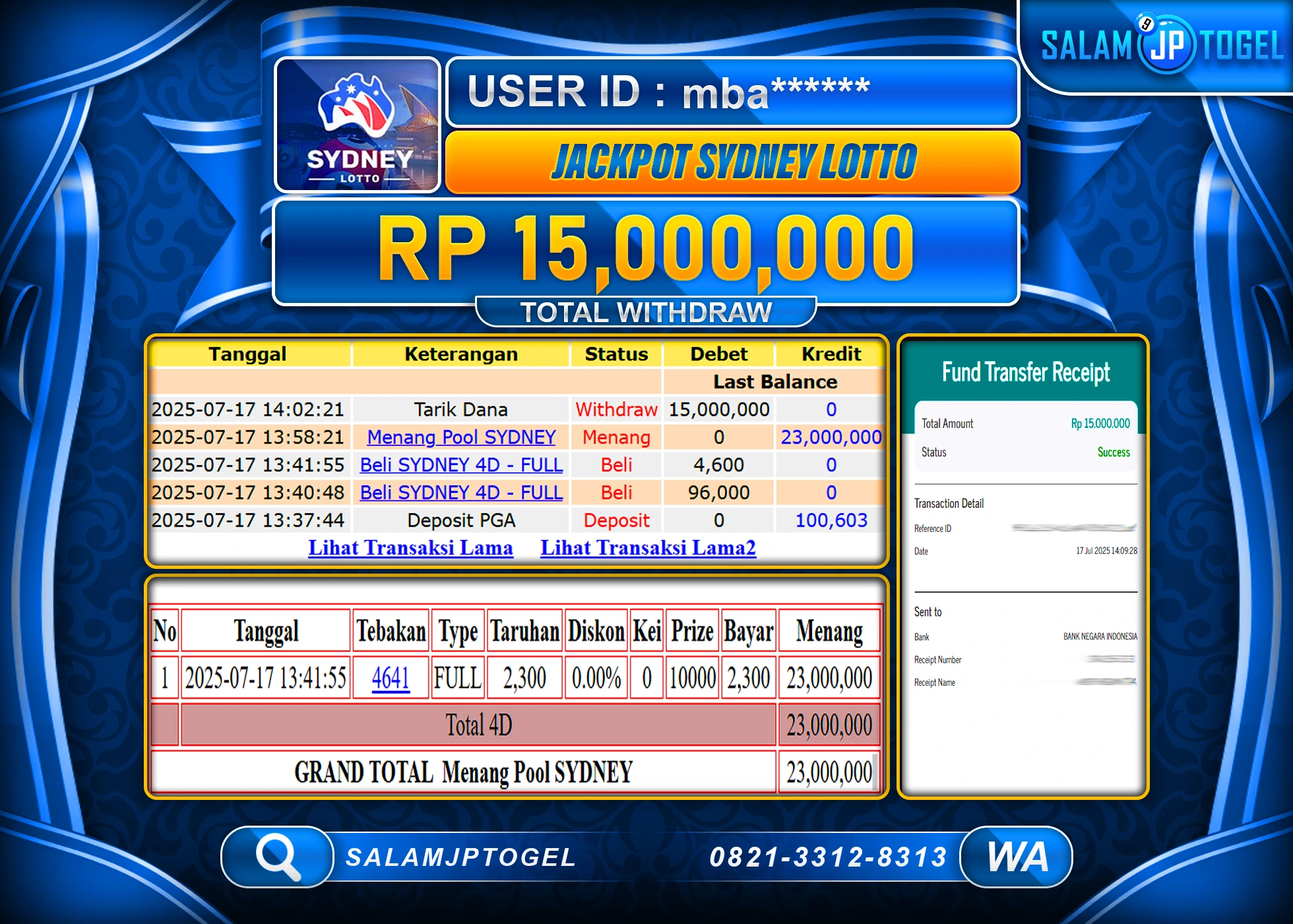 SALAMJPTOGEL MENANG TOGEL SYDNEY LOTTO Rp.15,000,000