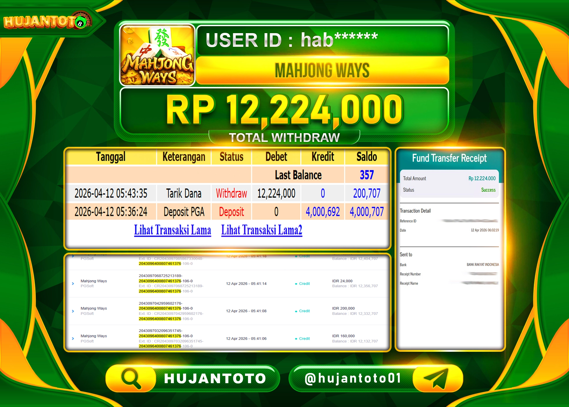 HUJANTOTO - BUKTI JACKPOT MENANG SLOT MAHJONG WAYS PGSOFT Rp.12,224,000 - TERBAYAR LUNAS