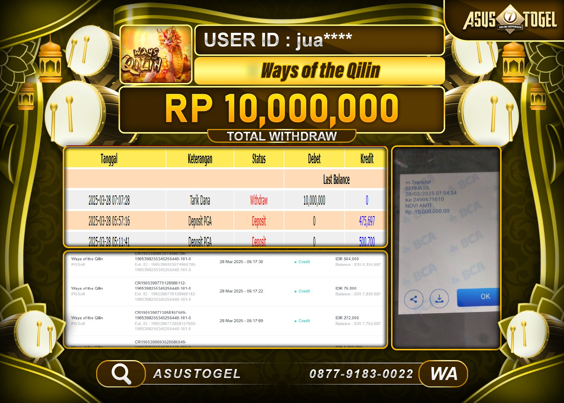 ASUSTOGEL KEMENANGAN DI WAYS OF THE QILIN GAMES SEBESAR 10,000,000- RUPIAH LUNAS