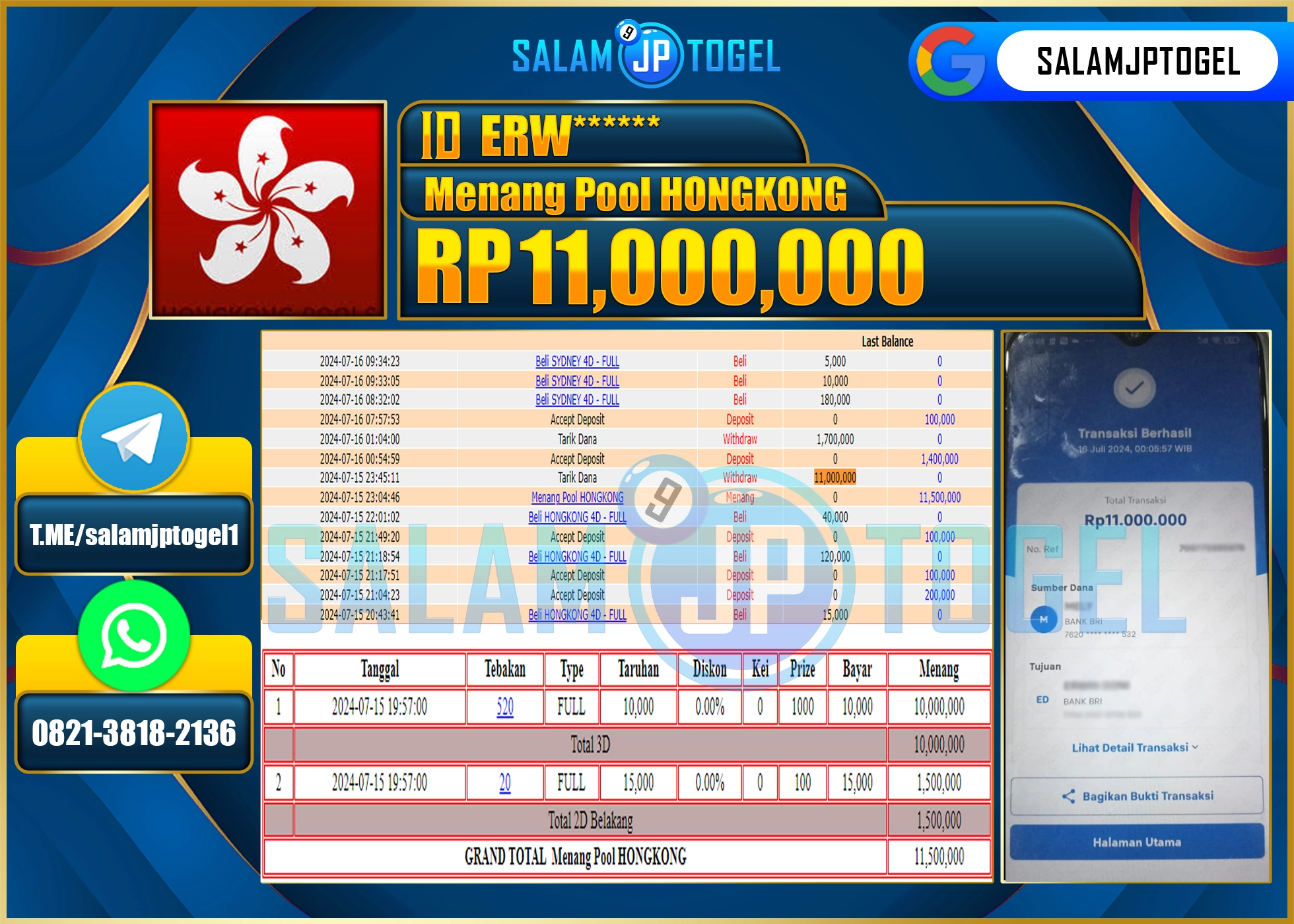 SALAMJPTOGEL MENANG HONGKONG POOLS RP. 11,000,000.,LUNAS