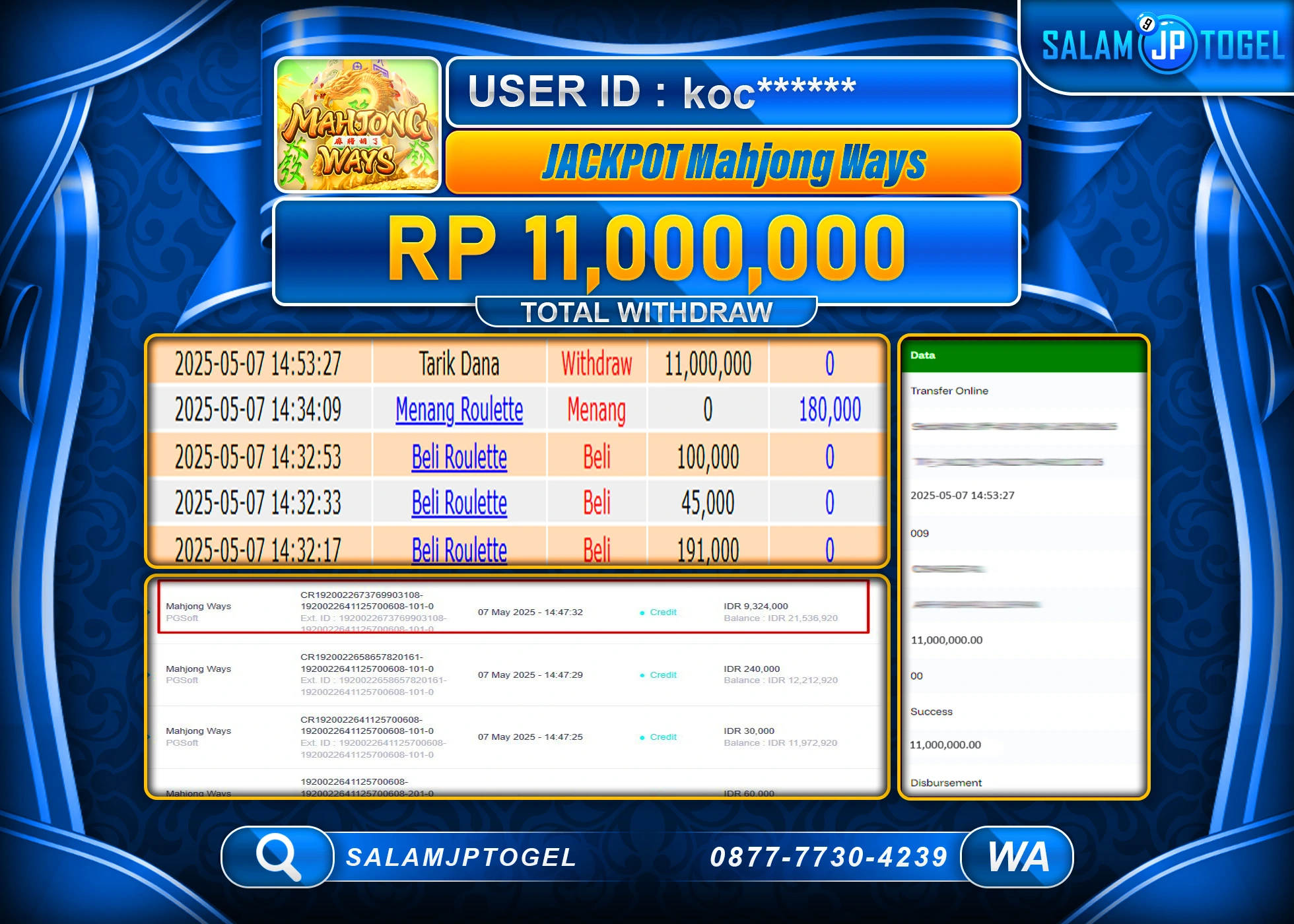 SALAMJPTOGEL MENANG MAHYONG WAYS Rp.11,000,000 LUNAS