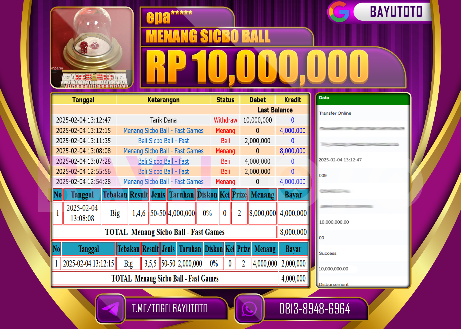 BAYUTOTO JACKPOT DI GAME  SICBO BALL LIVE GAME  Rp.10.000.000 LUNAS