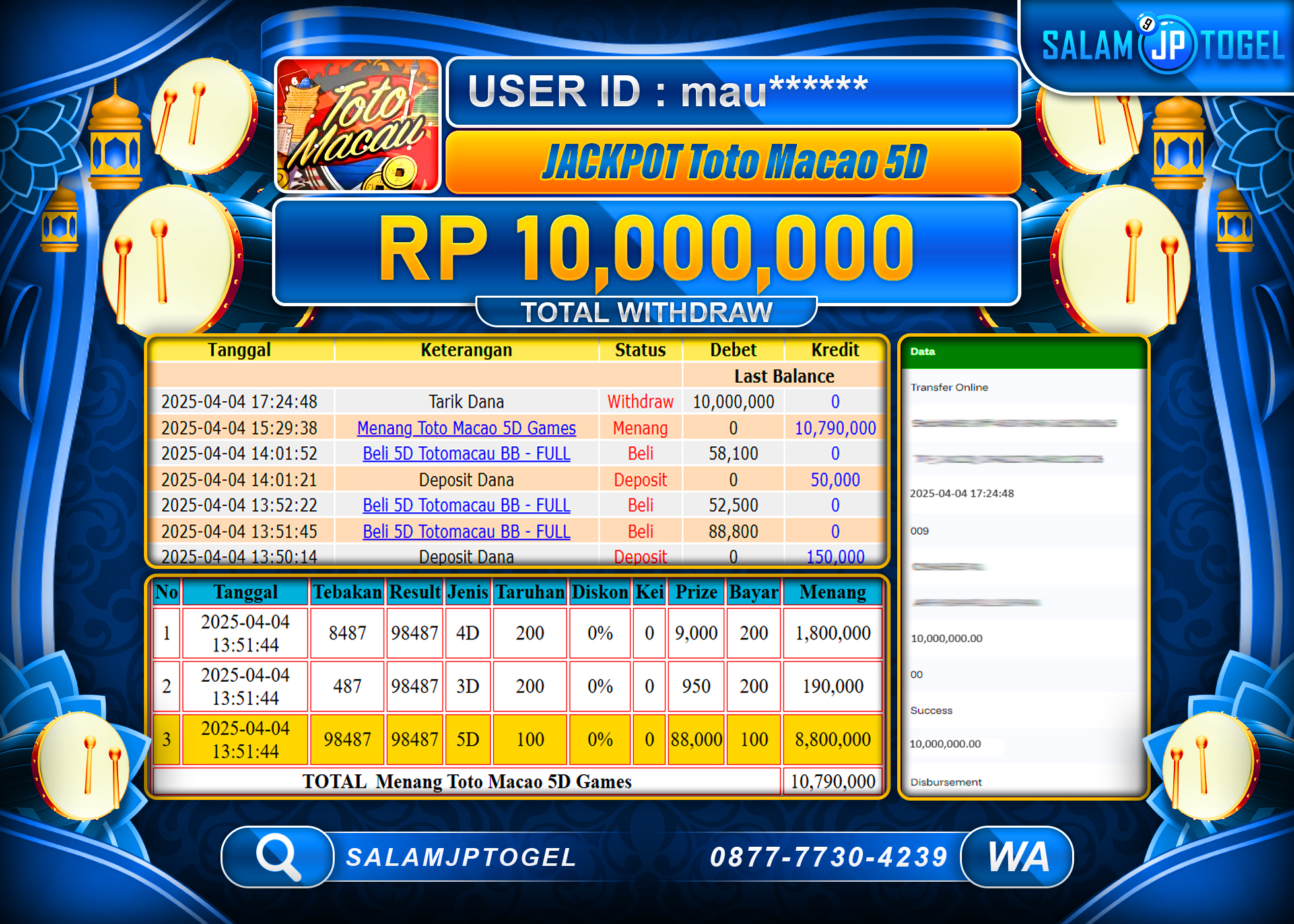 SALAMJPTOGEL MENANG TOTO MACAU 5D Rp. 10,000,000 LUNAS
