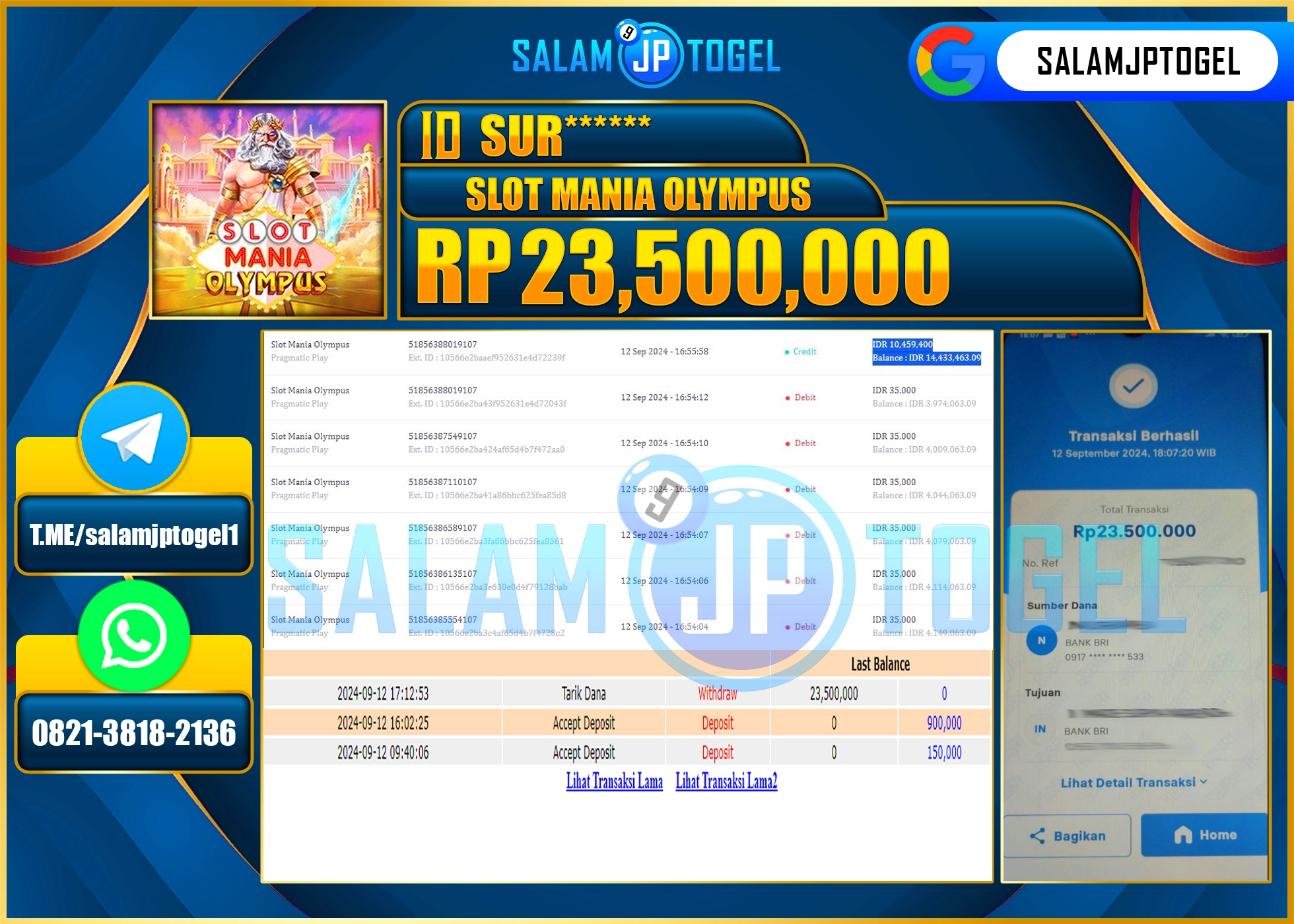 SALAMJPTOGEL MENANG SLOT MANIA OLYMPUS RP. 23,500,000 LUNAS