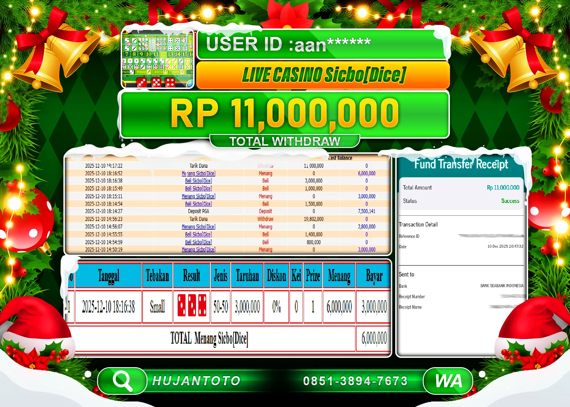 HUJANTOTO - BUKTI JACKPOT MENANG LIVEGAMES SICBO DICE Rp.11,000,000 - TERBAYAR LUNAS