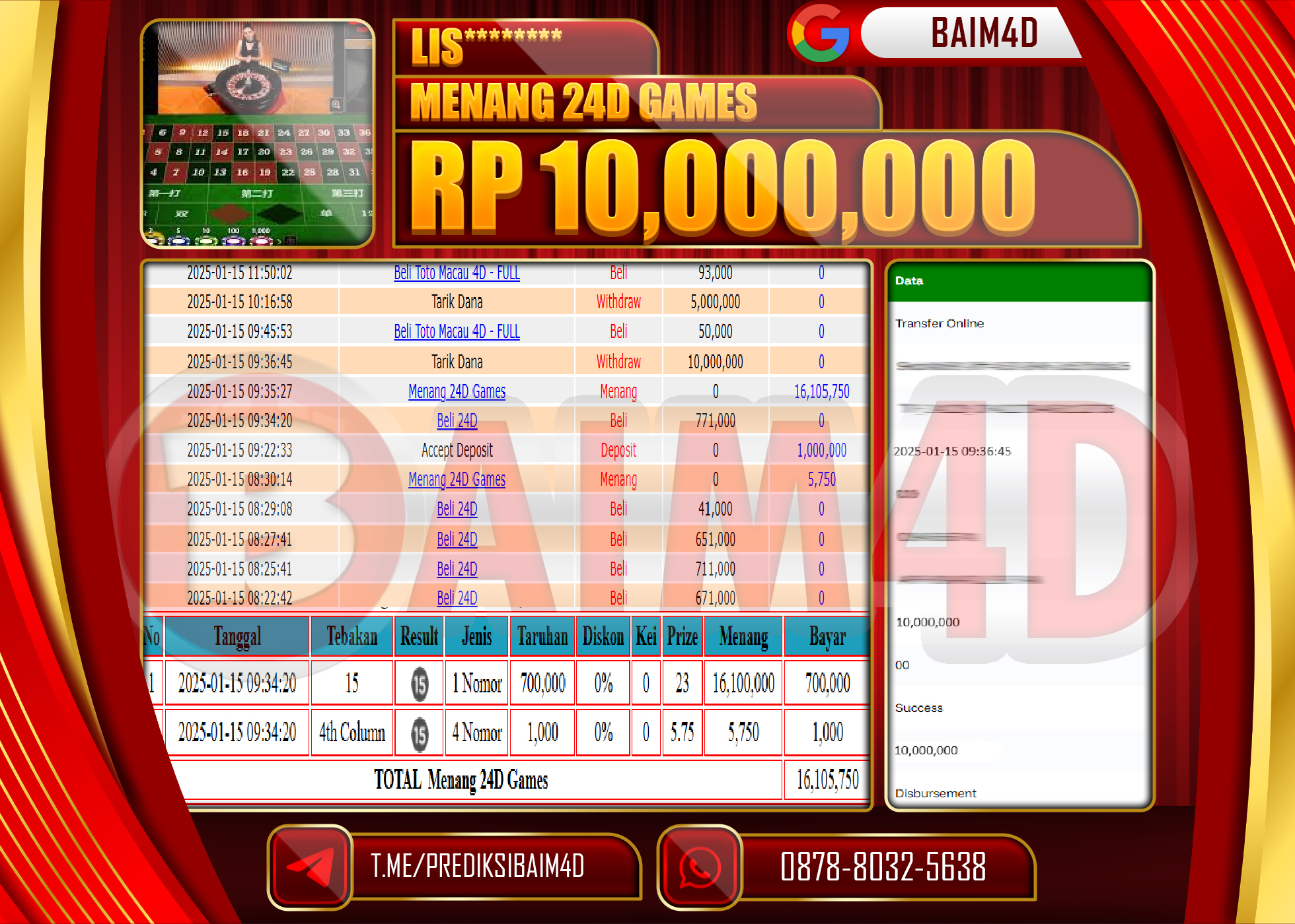 BAIM4D JACKPOT Menang 24 GAMES   Rp.10,000,000.- LUNAS