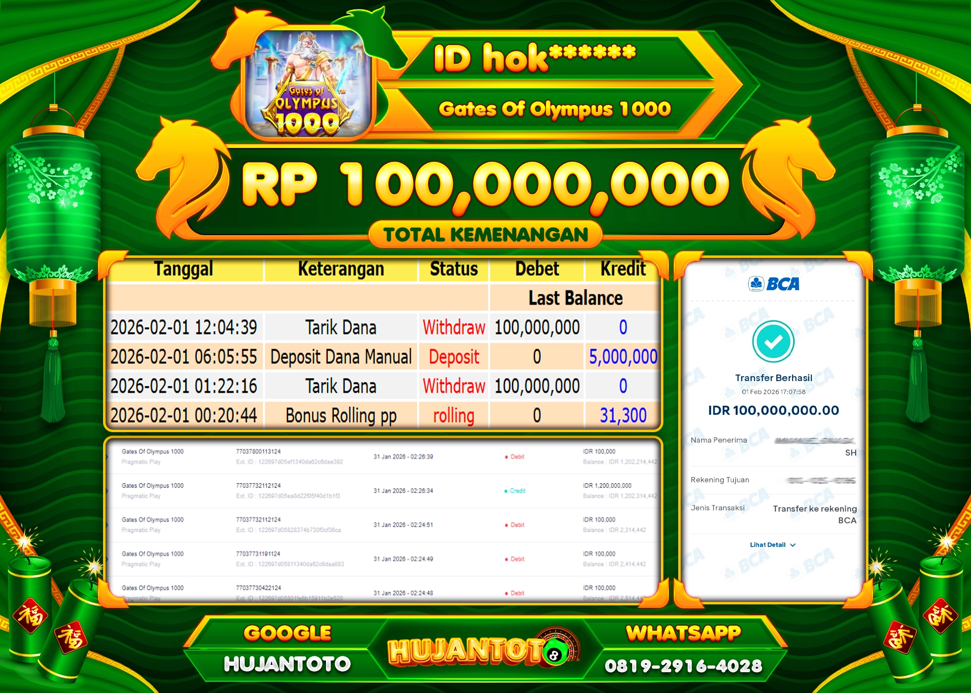 HUJANTOTO - BUKTI JACKPOT MENANG SLOT GATES OF OLYMPUS 1000 Rp.100,000,000 - TERBAYAR LUNAS