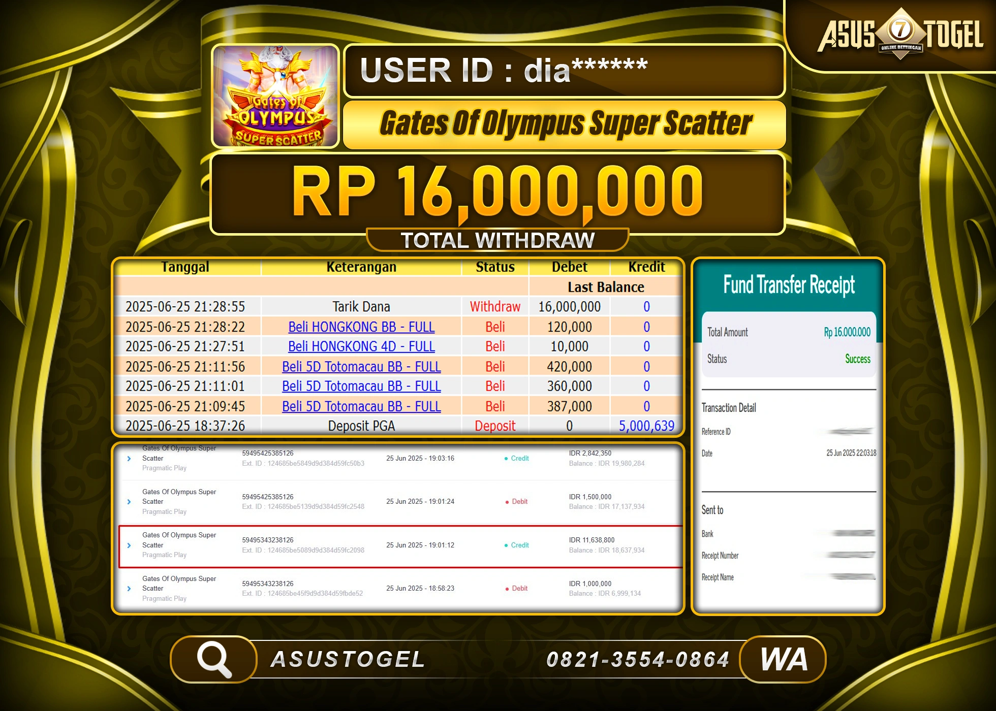 ASUSTOGEL KEMENANGAN DI SLOT GATES OF OLYMPUS SUPER SCATTER SEBESAR 16,000,000- RUPIAH LUNAS
