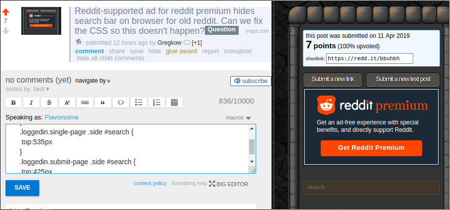 Reddit-supported ad for reddit premium hides search bar on browser for