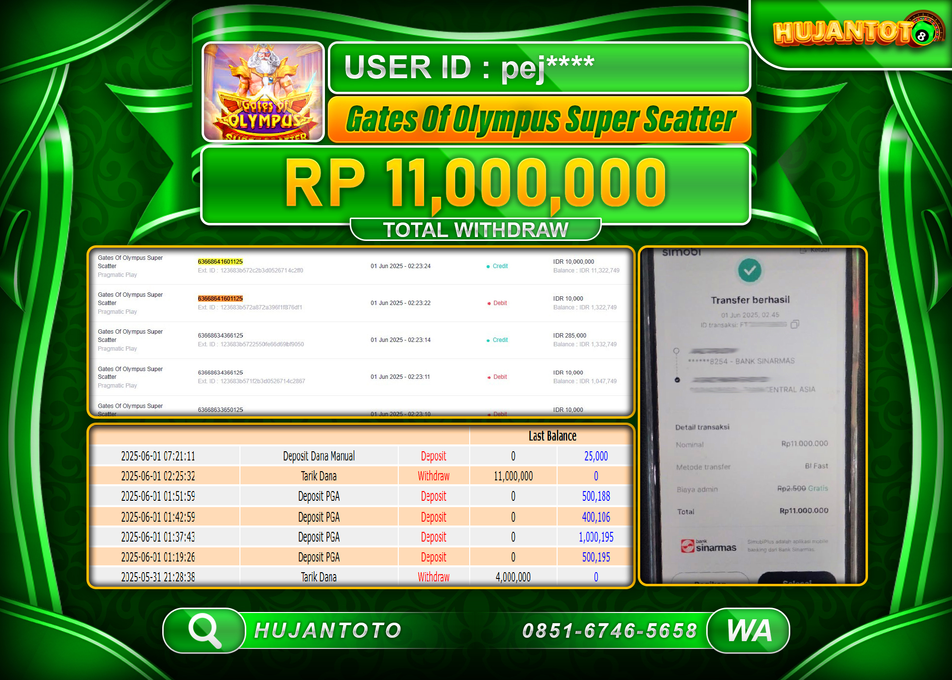   HUJANTOTO - BUKTI JACKPOT MENANG SLOT STAR LIGHT PRINCESS 1000 Rp.11,000,000 - TERBAYAR LUNAS