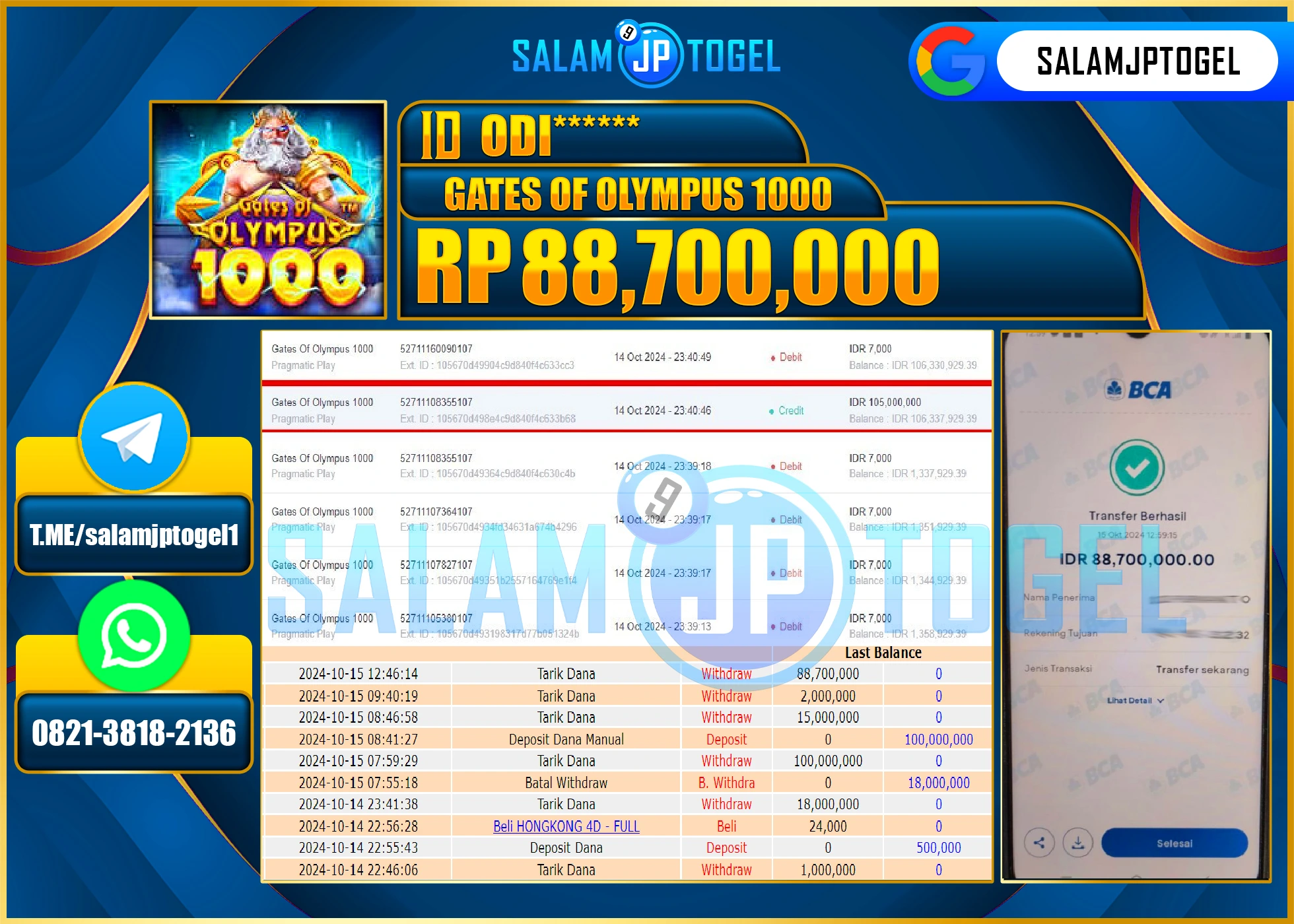 SALAMJPTOGEL MENANG SLOT GATES OF OLYMPUS 1000 RP. 88,700,000 LUNAS