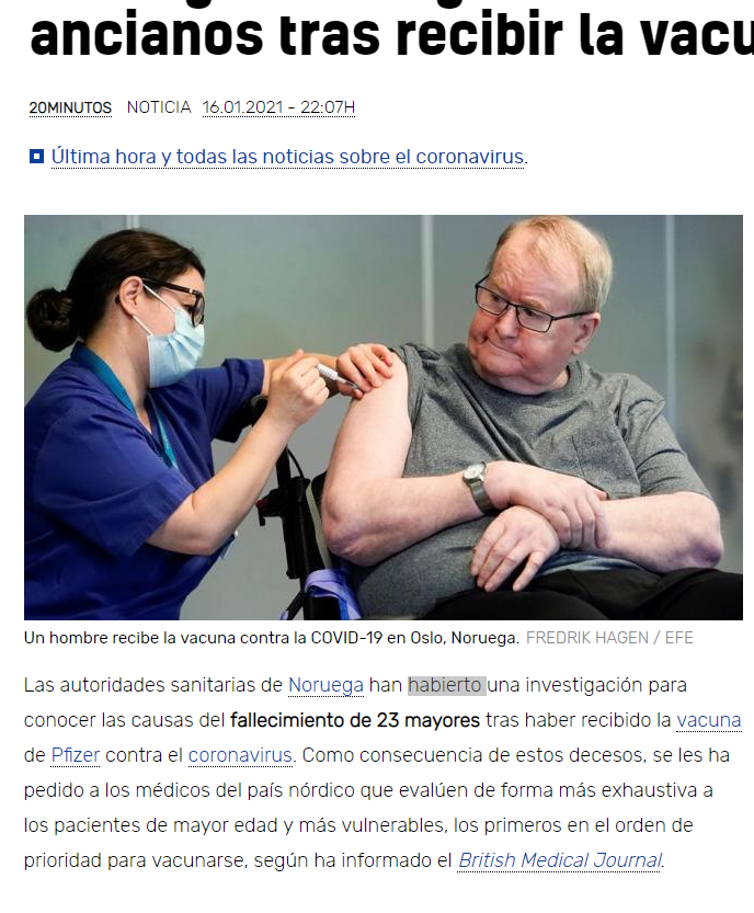 Noruega investiga la muerte de 23 vacunados de Pfizer