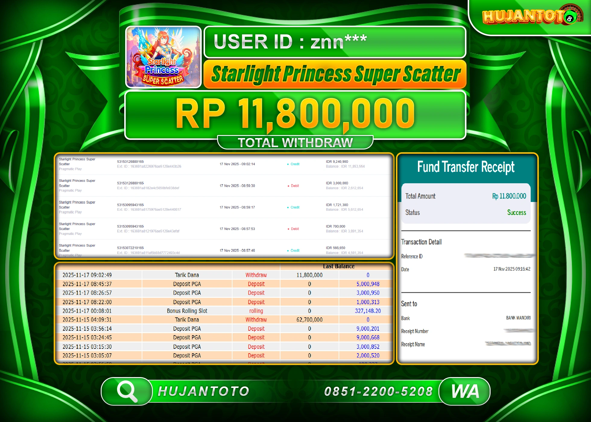 HUJANTOTO - BUKTI JACKPOT MENANG SLOT STARLIGHT PRINCESS SUPER SCATTER Rp.11,800,000 - TERBAYAR LUNA