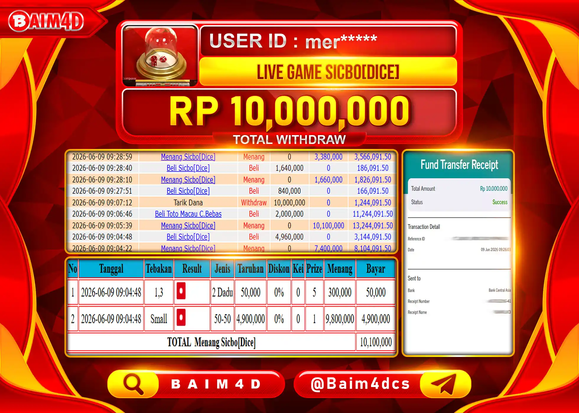 BAIM4D JACKPOT LIVE GAME SICBO {DICE} Rp.10,000,000 - LUNAS