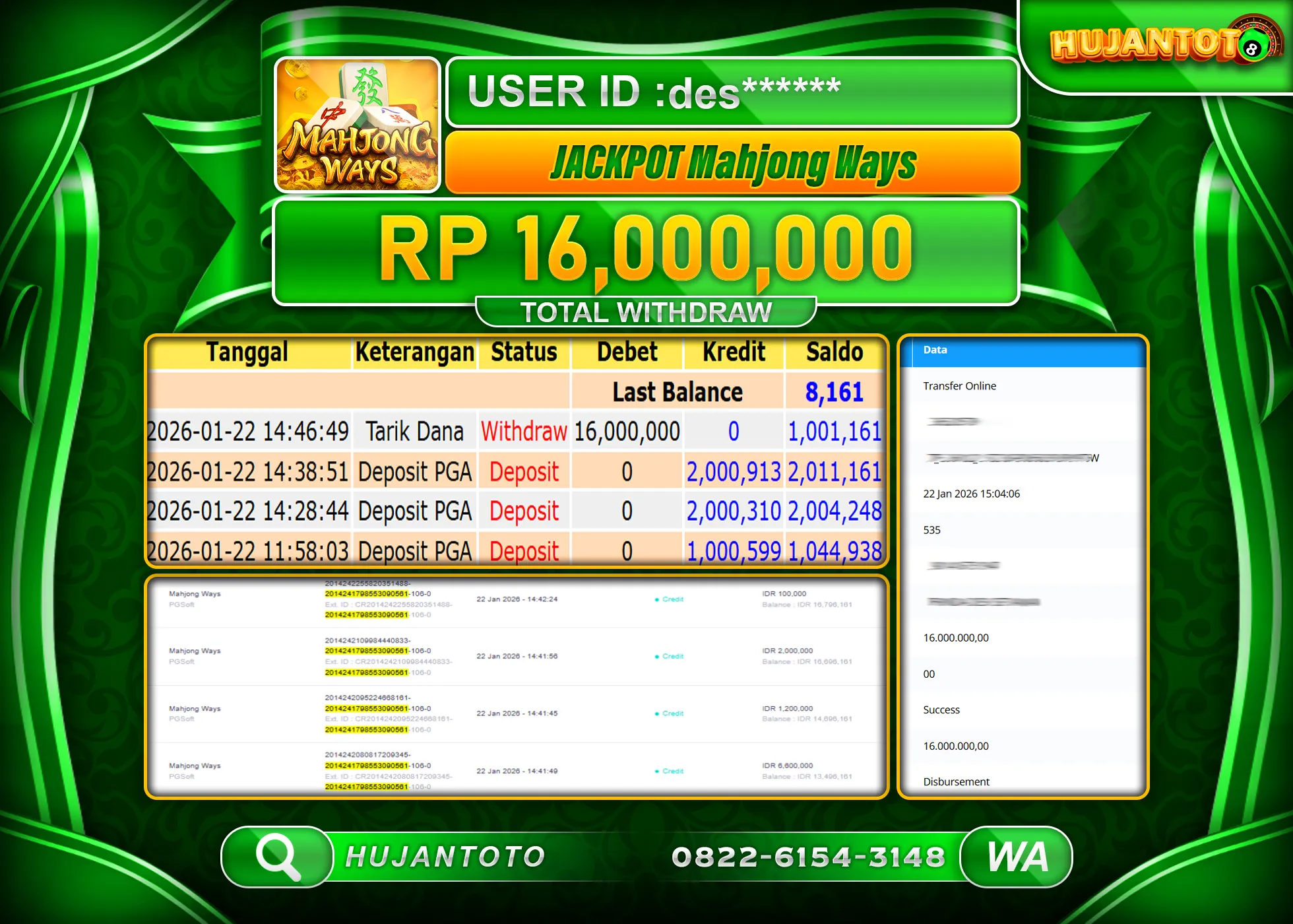 HUJANTOTO - BUKTI JACKPOT MENANG SLOT MAHJONG WAYS Rp.16,000,000 - TERBAYAR LUNAS