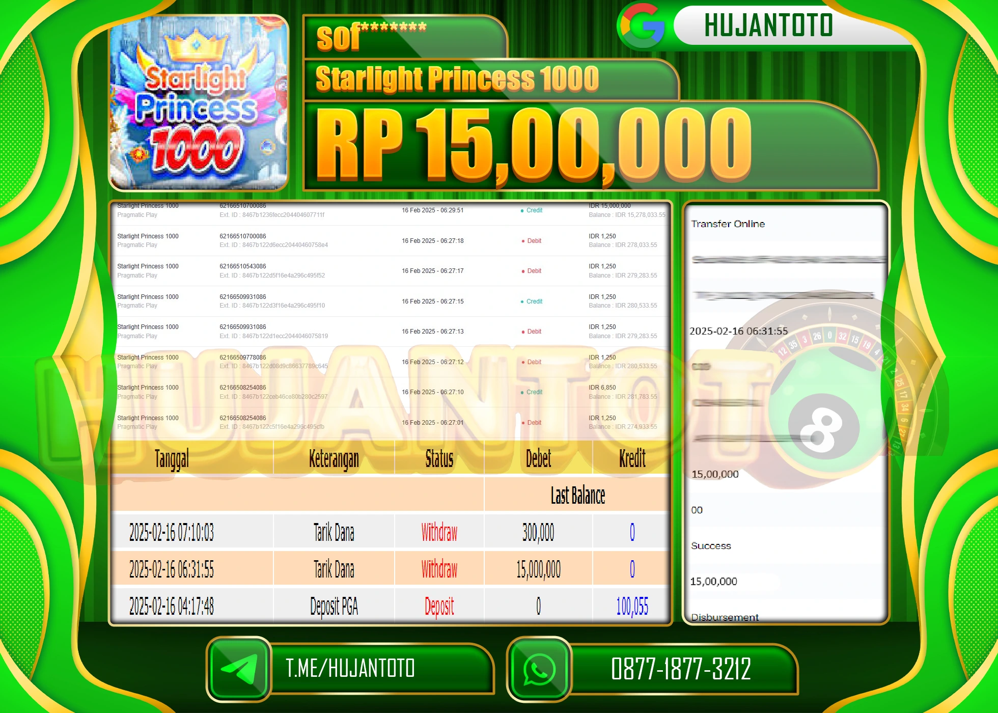 HUJANTOTO - BUKTI JACKPOT MENANG SLOT STARLIGHT PRINCESS 1000 Rp,15,000,000 - TERBAYAR LUNAS