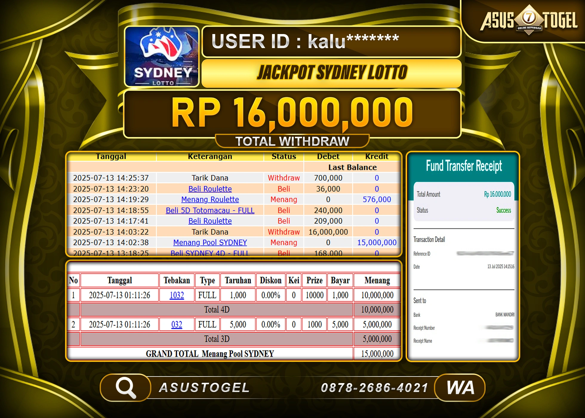 ASUSTOGEL KEMENANGAN DI TOGEL SYDNEY LOTTO SEBESAR 16,000,000- RUPIAH LUNAS