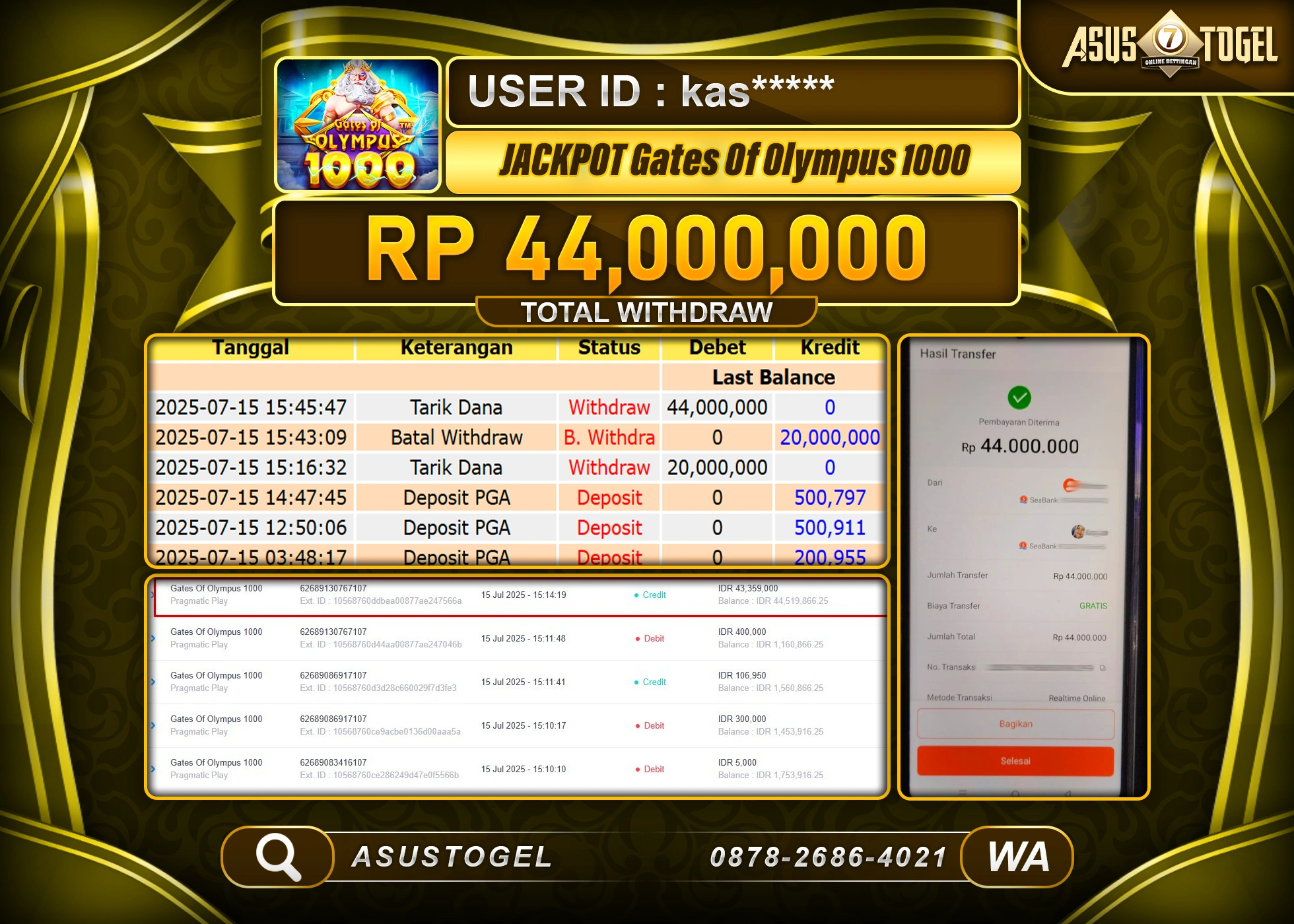 ASUSTOGEL KEMENANGAN DI SLOT GATES OF OLYMPUS 1000 SEBESAR 44,000,000- RUPIAH LUNAS
