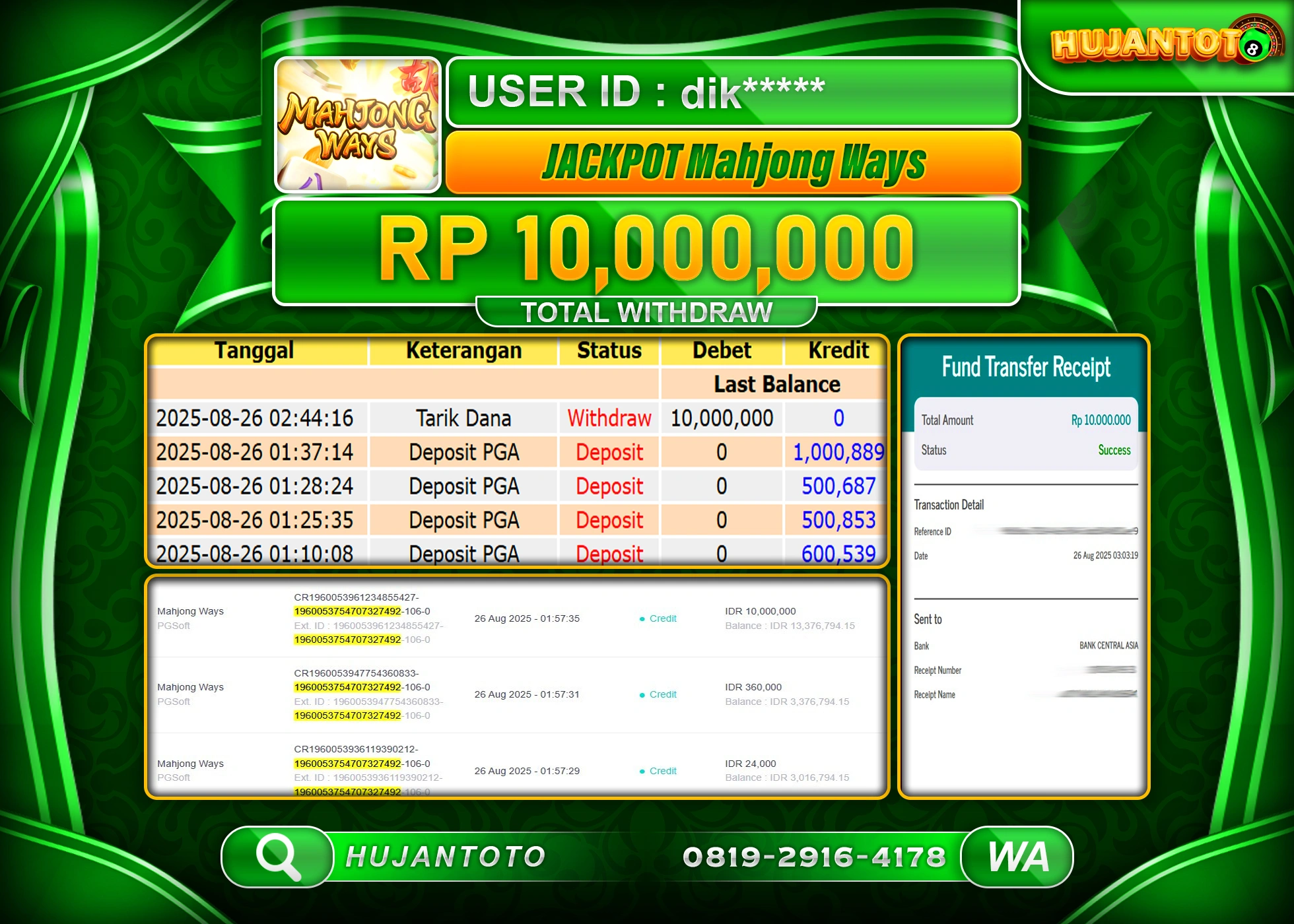 HUJANTOTO - BUKTI JACKPOT MENANG SLOT MAHJONG WAYS Rp.10,000,000 - TERBAYAR LUNAS