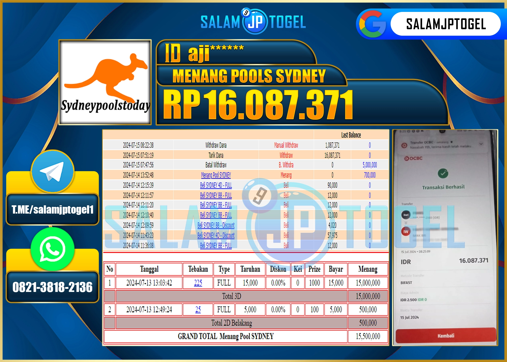 SALAMJPTOGEL MENANG SYDNEY POOLS RP. 16,087,371.,LUNAS