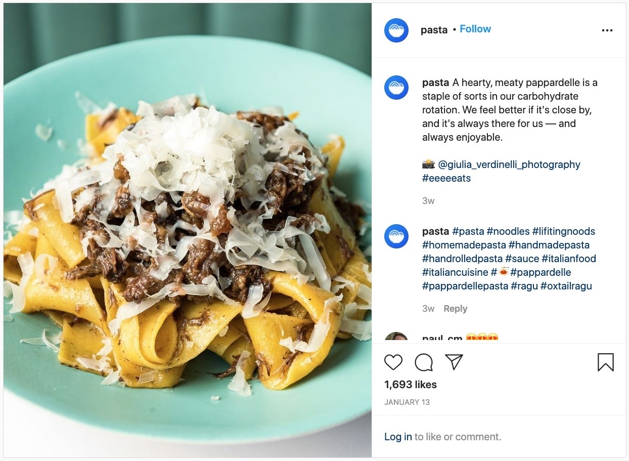 Instagram hashtags: Instagram post with a bowl of ragu and the hashtag #homemadepasta