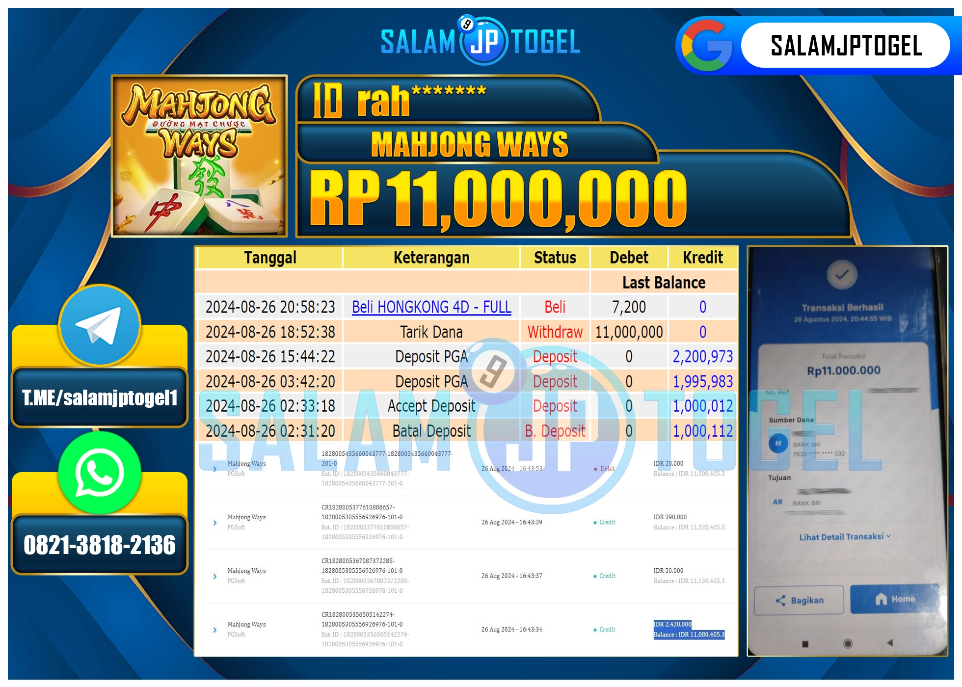 SALAMJPTOGEL MENANG Mahjong Ways RP. 11,000,000 LUNAS