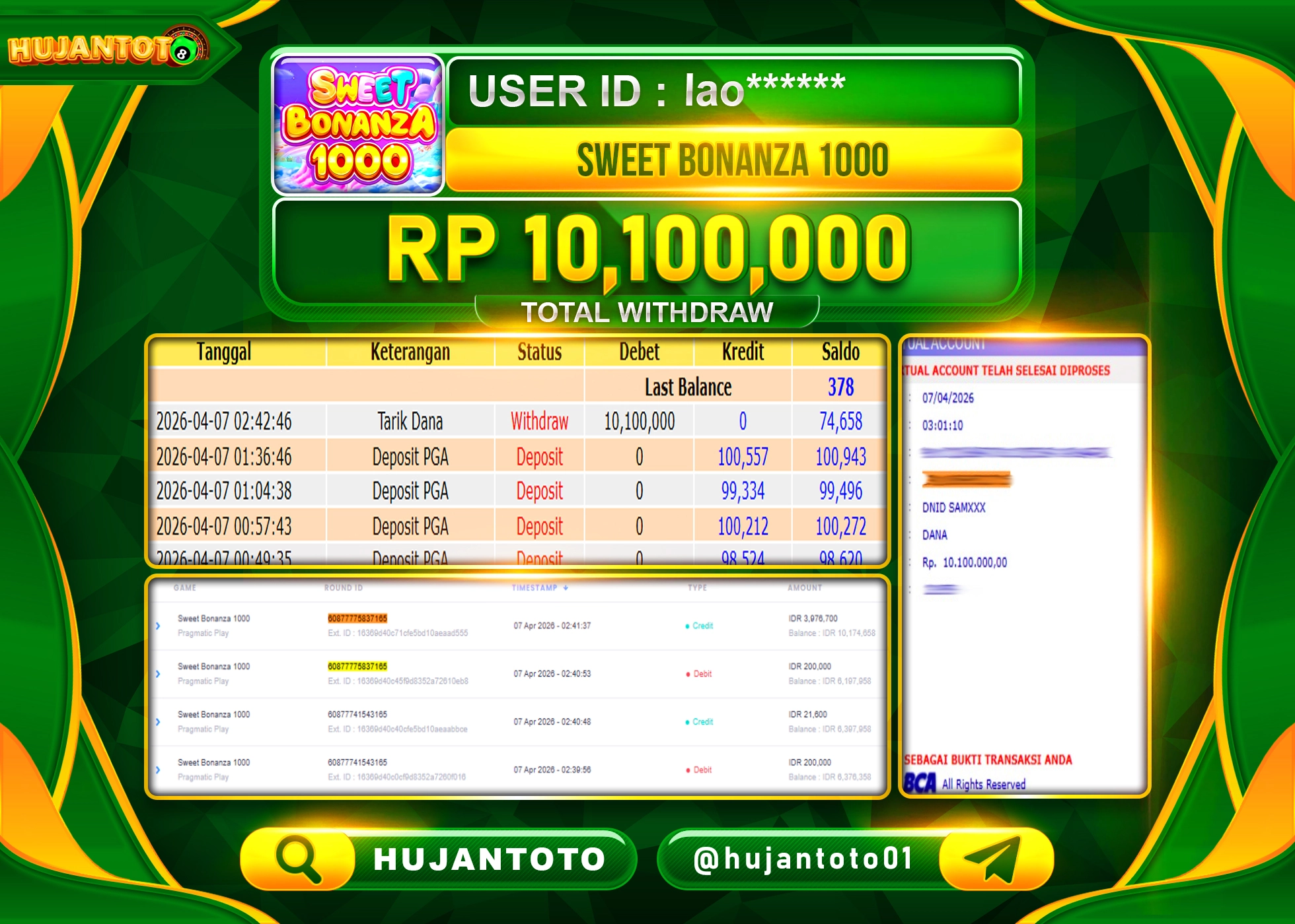 HUJANTOTO - BUKTI JACKPOT MENANG SLOT SWEET BONANZA 1000 Rp.10,100,000 - TERBAYAR LUNAS