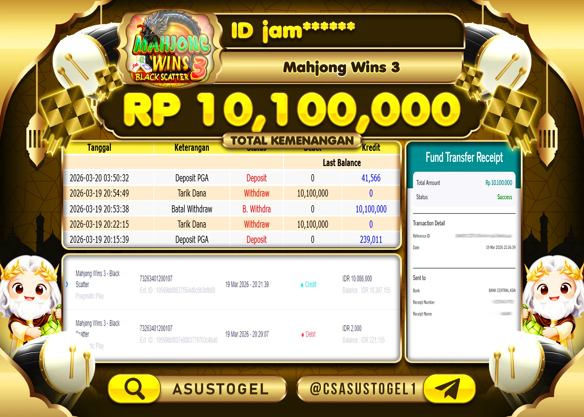 ASUSTOGEL KEMENANGAN JACKPOT DI SLOT MAHJONG WINS 3 PG SOFT  Rp.10,100,000 - RUPIAH LUNAS