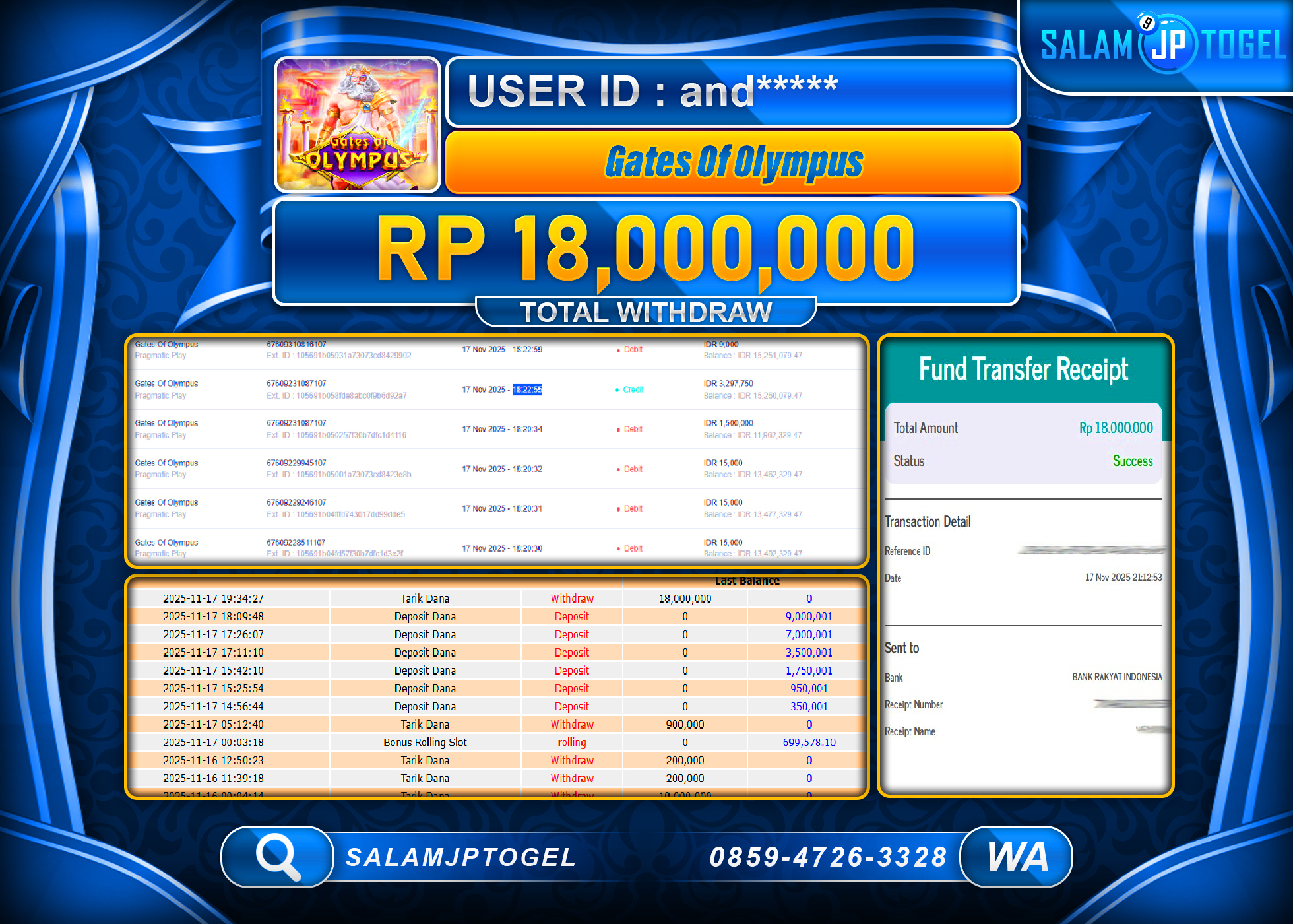 SALAMJPTOGEL MENANG  JACKPOT GATE OF OLYMPUS Rp.18,000,000  - LUNAS