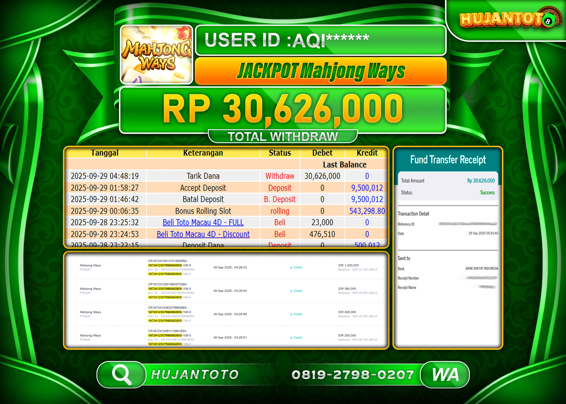 HUJANTOTO - BUKTI JACKPOT MENANG SLOT MAHJONG WAYS Rp.30,626,000 - TERBAYAR LUNAS