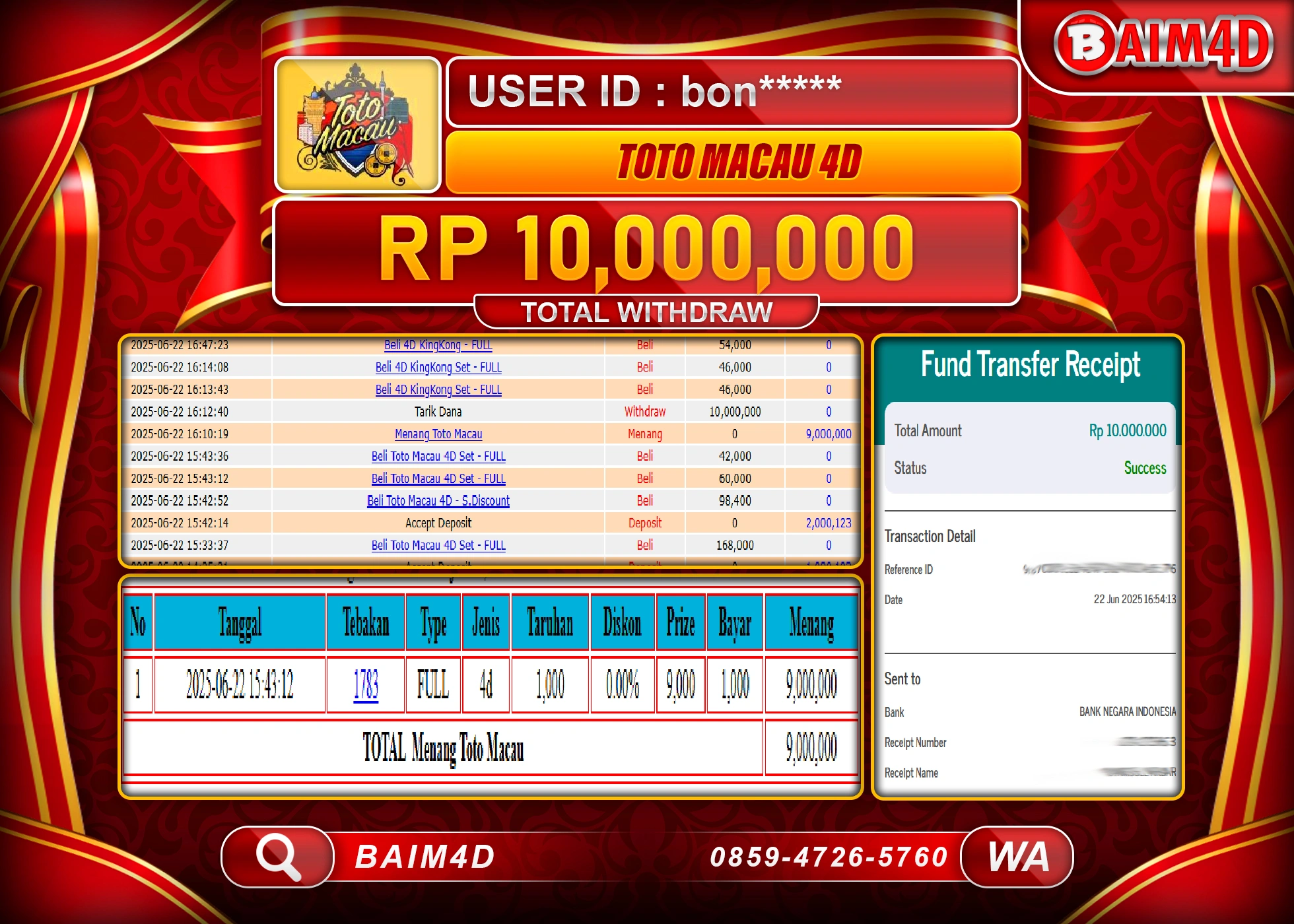 BAIM4D JACKPOT TOGEL TOTO MACAU 4D Rp.10,000,000.- LUNAS