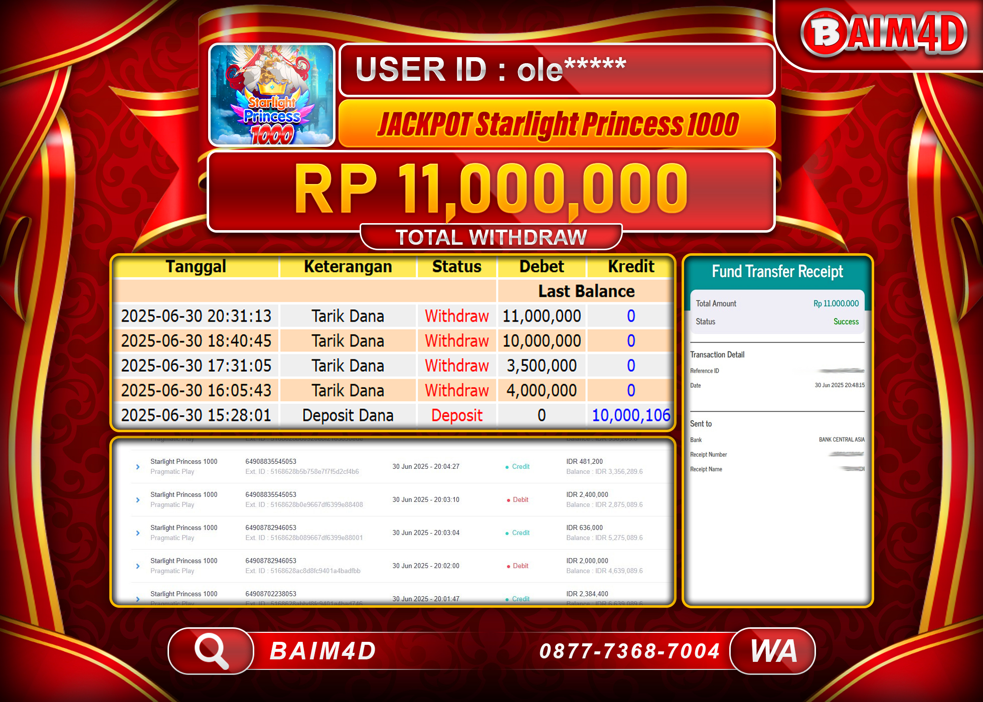 BAIM4D JACKPOT SLOT STARLIGHT PRINCESS 1000 Rp.11,000,000.- LUNAS