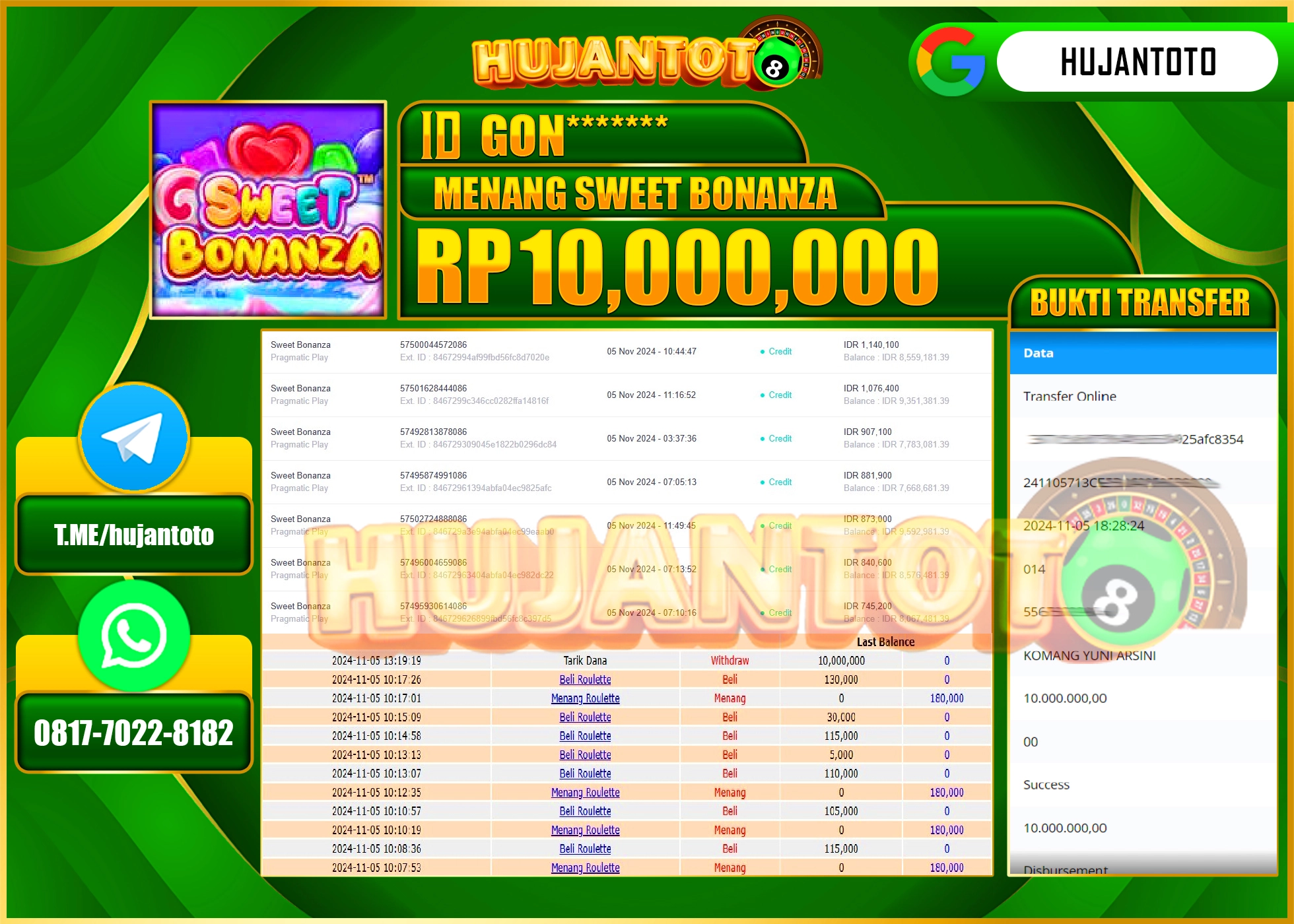 HUJANTOTO MENANG DI PERMAINAN  GAME SWEET BONANZA   - 10,000,000 - LUNAS