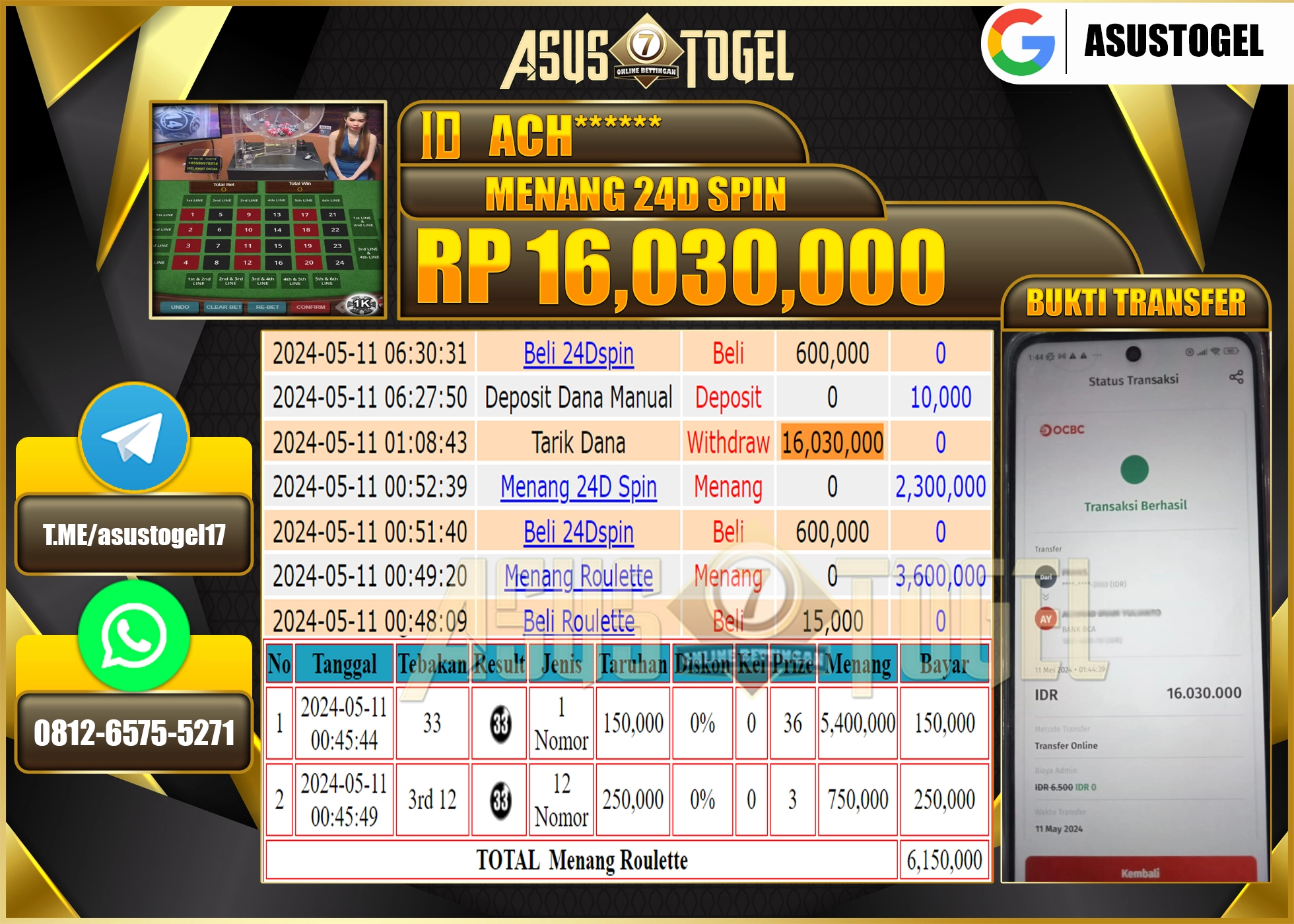 ASUSTOGEL MENANG GAMES CASINO 24D SPIN 16.030.000- LUNAS