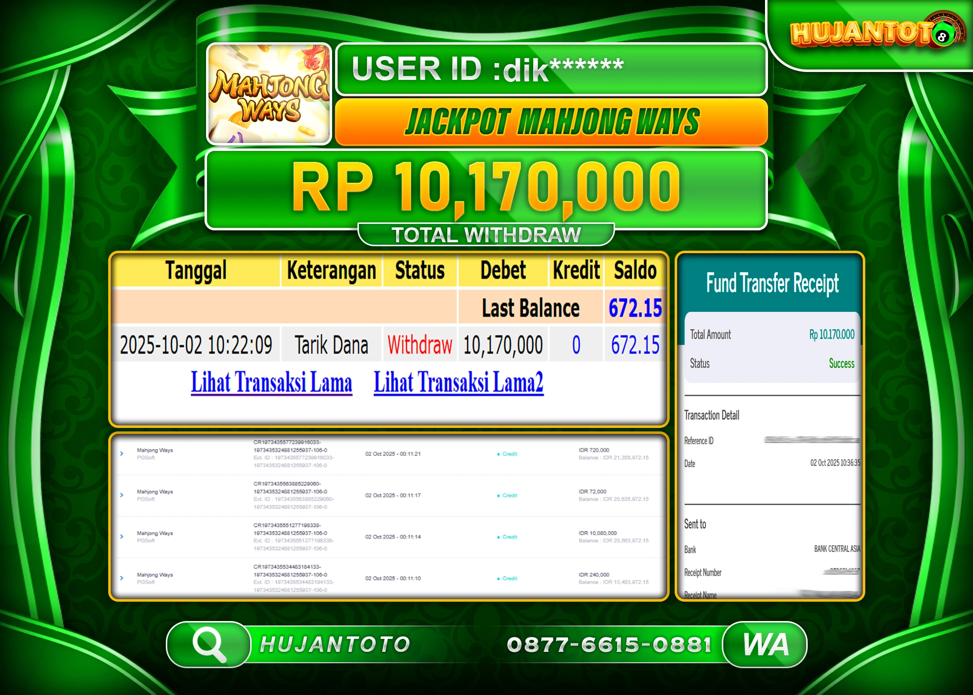 HUJANTOTO - BUKTI JACKPOT MENANG SLOT MAHJONG WINS Rp.10,170,000 - TERBAYAR LUNAS