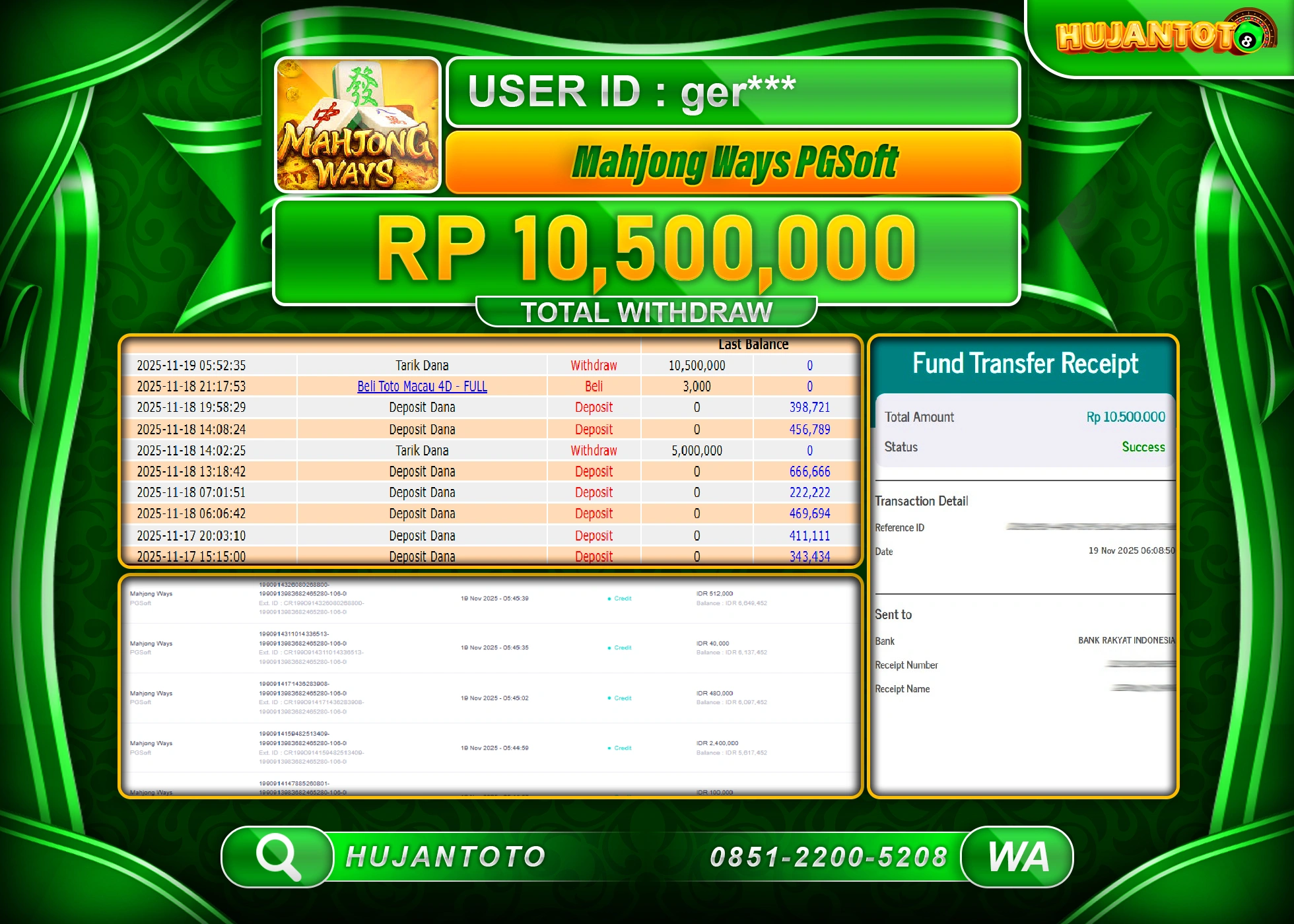 HUJANTOTO - BUKTI JACKPOT MENANG SLOT MAHJONG WAYS Rp.10,500,000 - TERBAYAR LUNAS