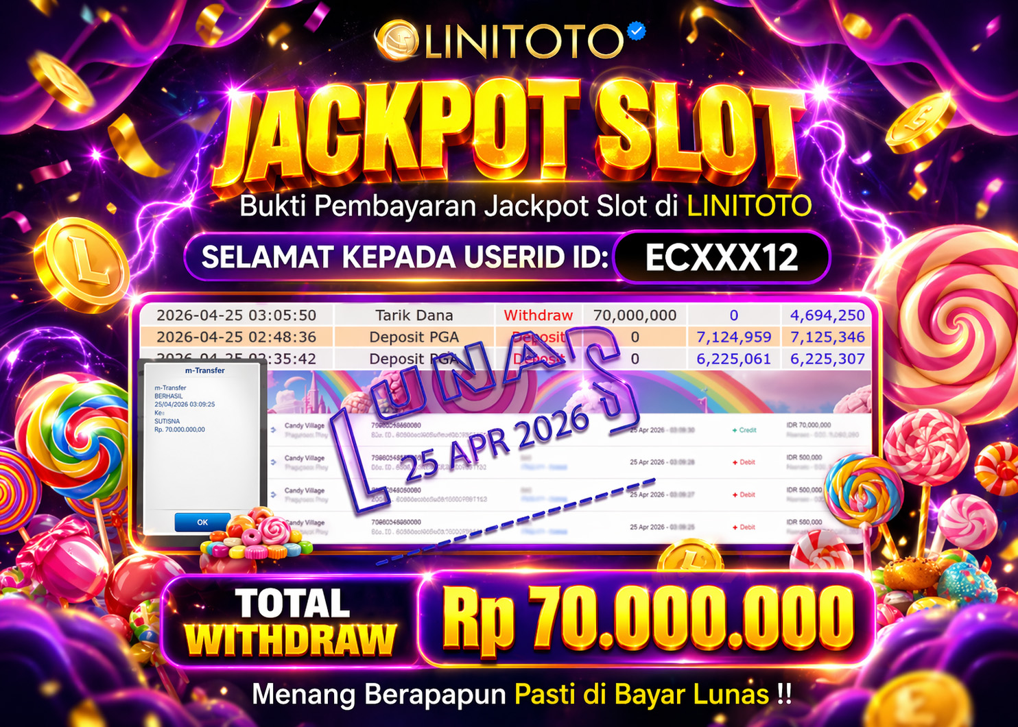 LINITOTO JACKPOT SLOT Candy Village Rp.70,000,000 - LUNAS
