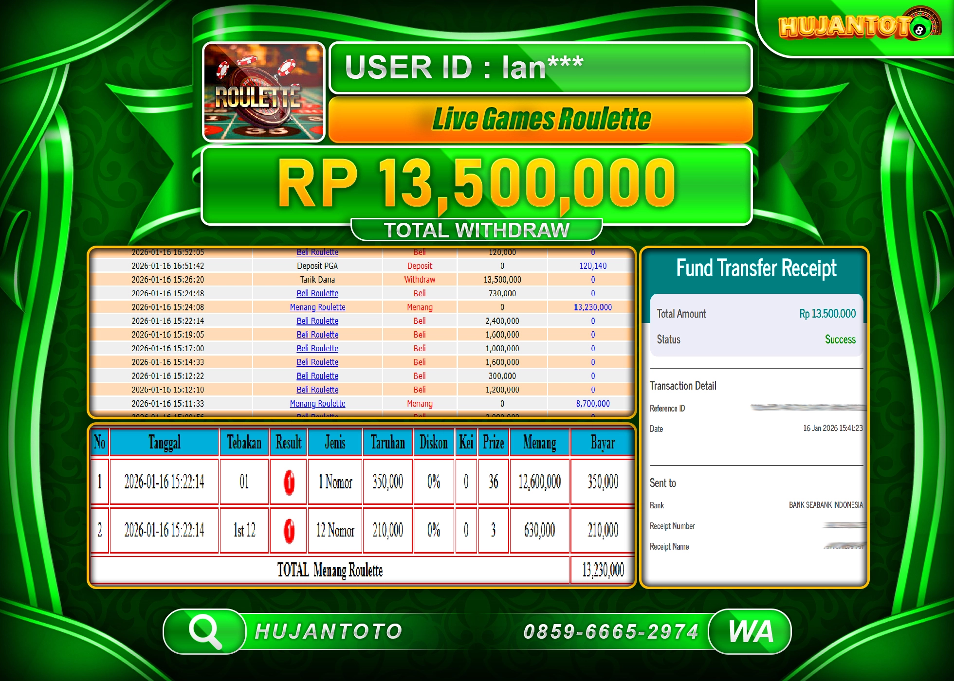 HUJANTOTO - BUKTI JACKPOT MENANG LIVEGAME ROULETTE Rp.13,500,000 - TERBAYAR LUNAS