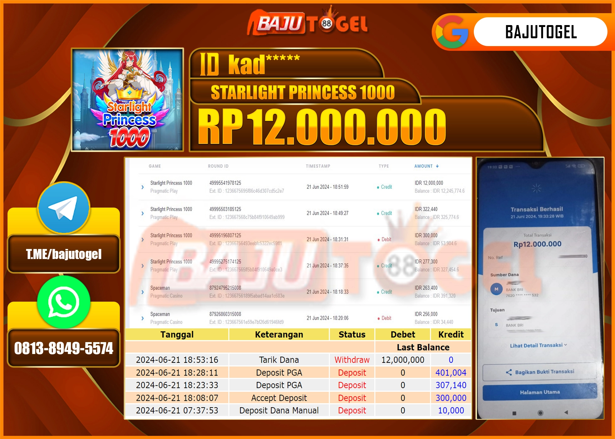 BAJUTOGEL JACKPOT SLOT STARLIGHT PRINCES 1000 Rp.12.000.000 LUNAS
