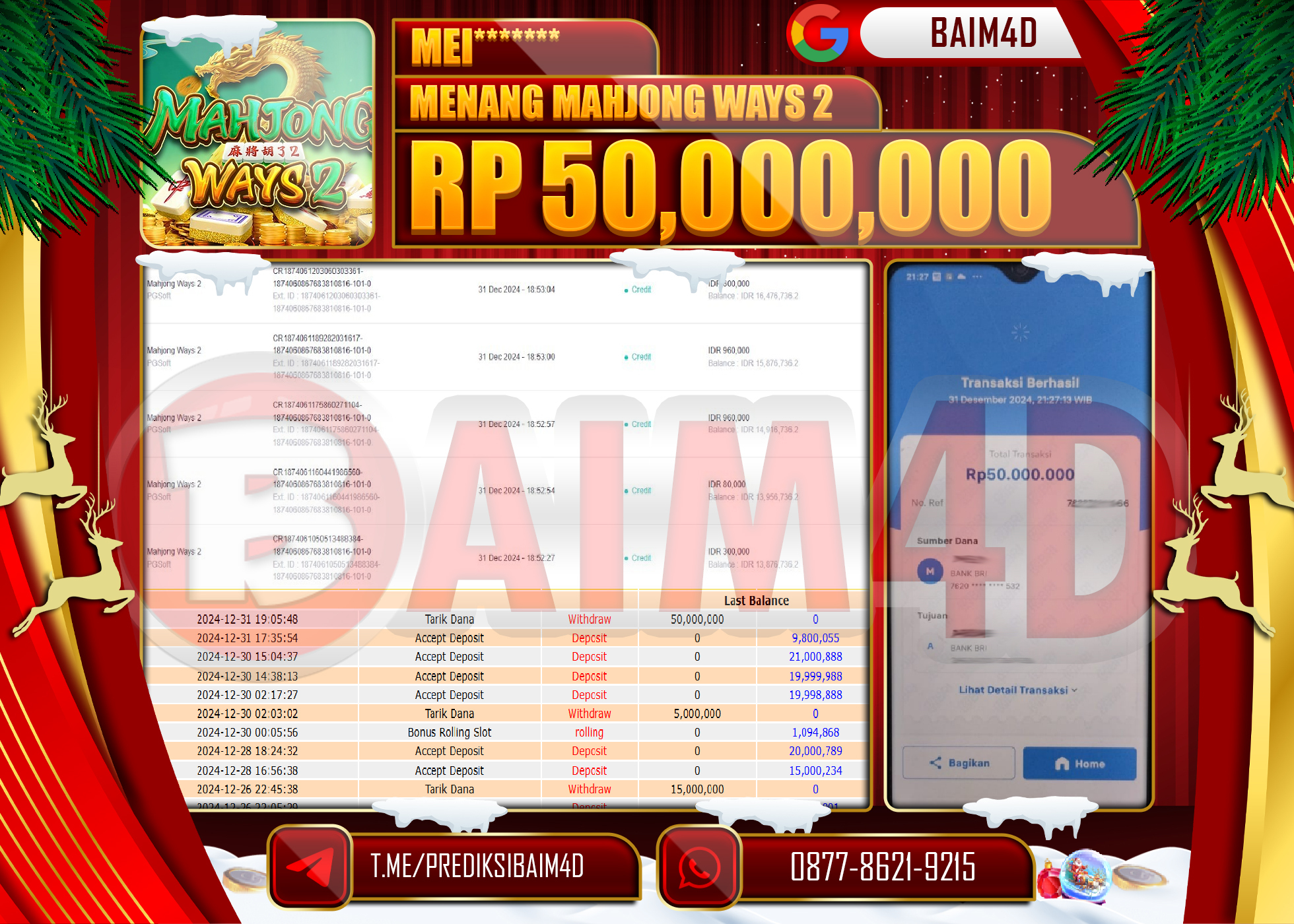 BAIM4D JACKPOT Mahjong Ways 2 (PGSoft) Rp.50,000,000.- LUNAS