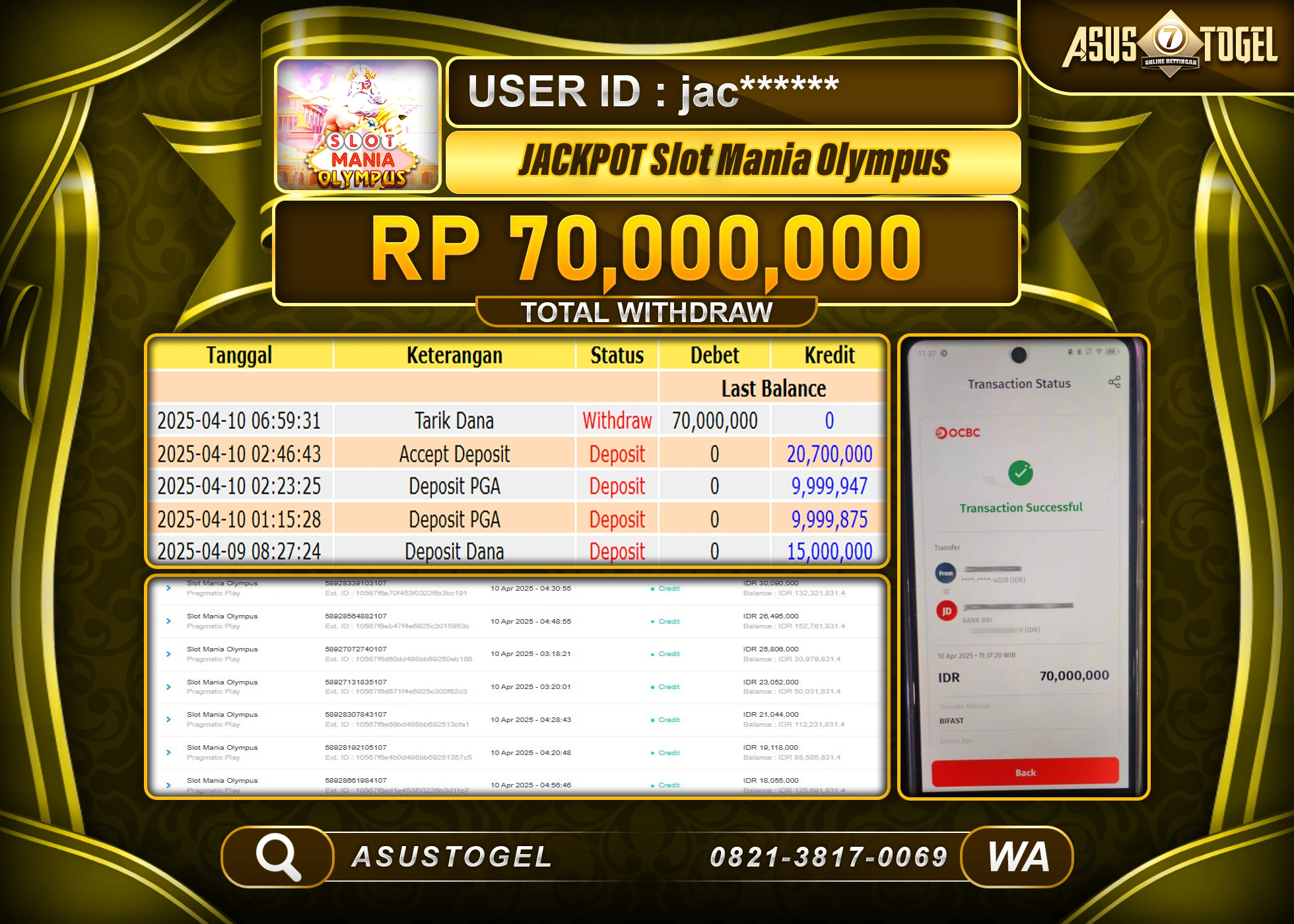 ASUSTOGEL KEMENANGAN DI SLOT MANIA OLYMPUS SEBESAR 70,000,000- RUPIAH LUNAS