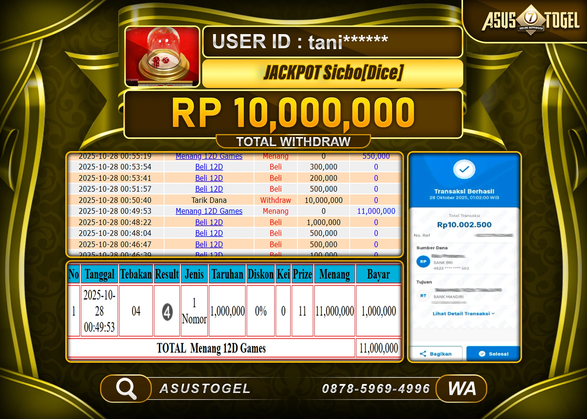ASUSTOGEL KEMENANGAN DI LIVEGAME SICBO (DICE) SEBESAR 10,000,000- RUPIAH LUNAS