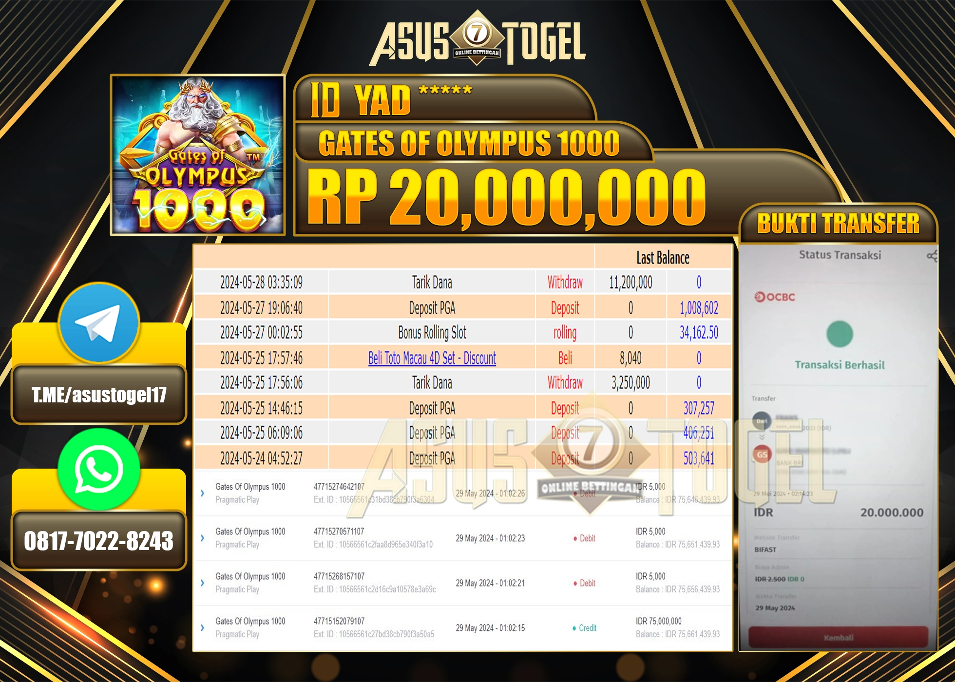 ASUSTOGEL KEMENANGAN  GATES OF OLYMPUS X1000 20,000,000-LUNAS