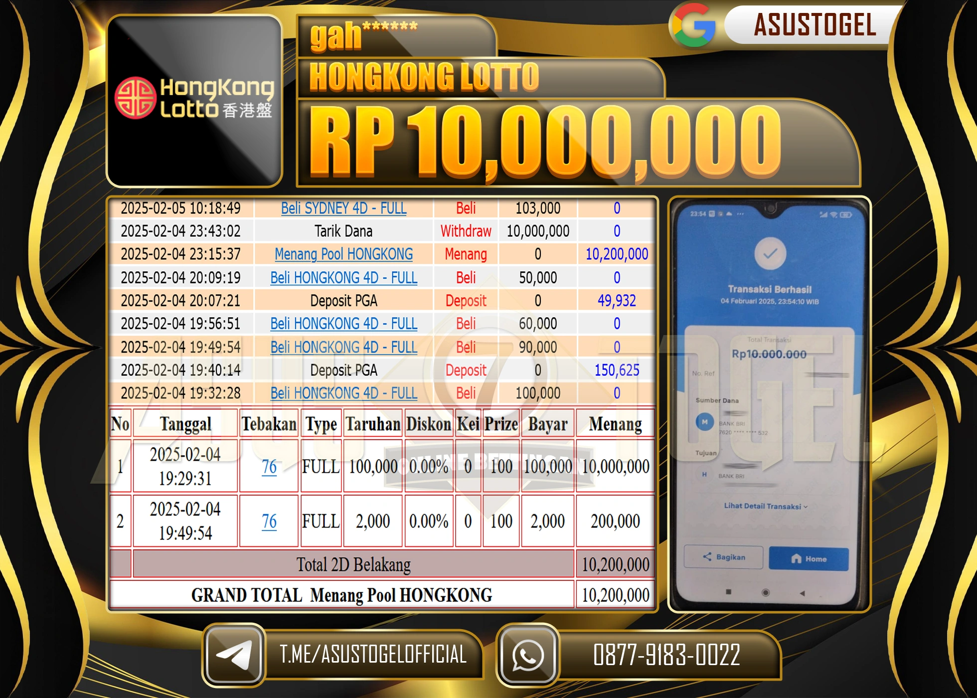 ASUSTOGEL KEMENANGAN DI TOGEL HONGKONG LOTTO SEBESAR 10,000,000 - RUPIAH LUNAS