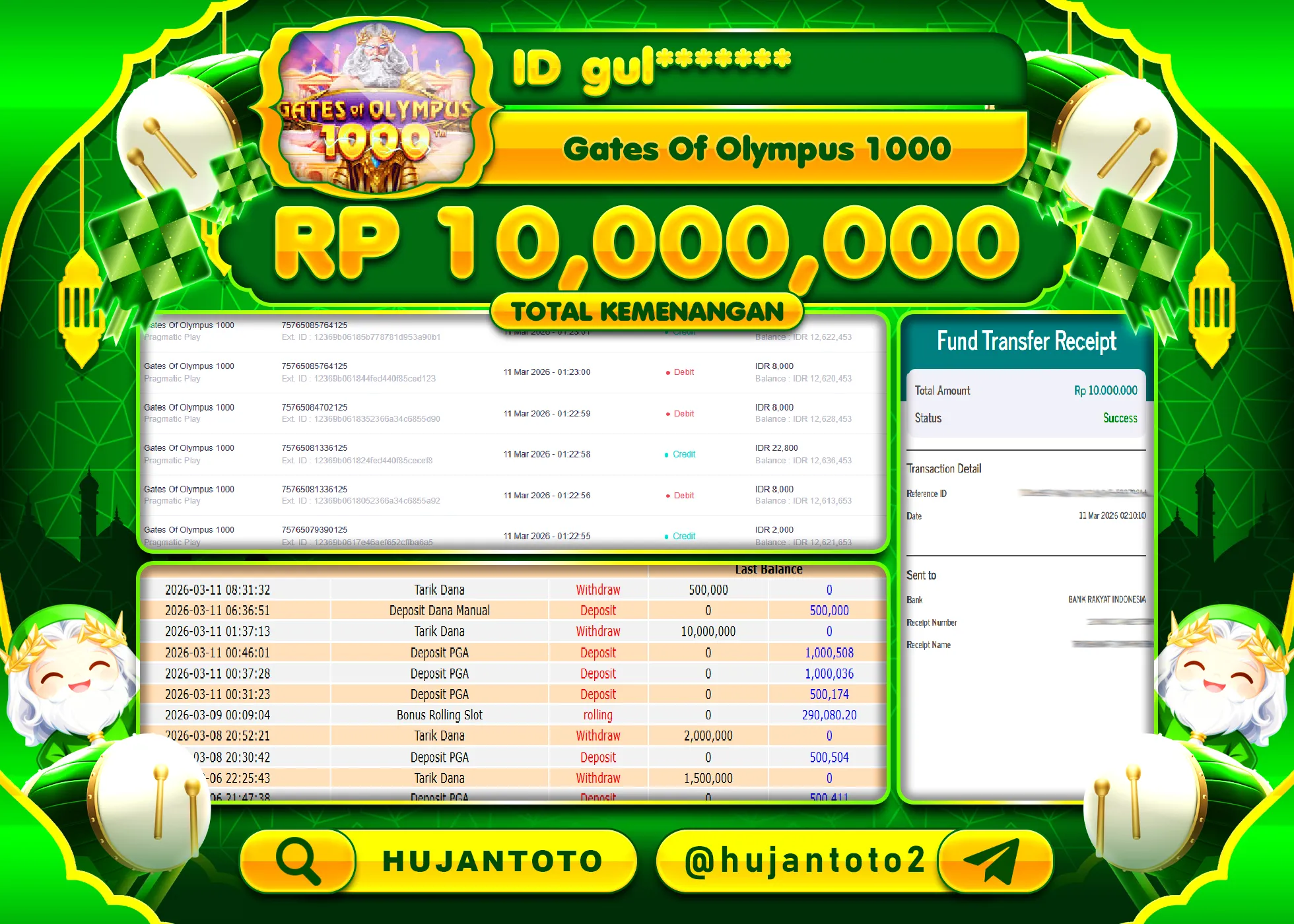 HUJANTOTO - BUKTI JACKPOT MENANG SLOT GATES OF OLYMPUS 1000 Rp.10,000,000 - TERBAYAR LUNAS